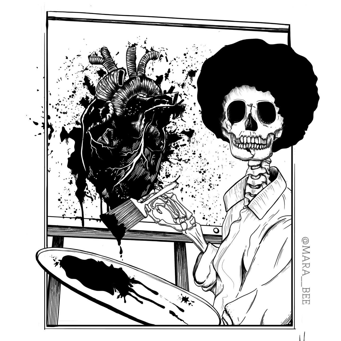 &ldquo;Paint With Your Heart&rdquo; - #BobRoss 
&bull;
New print up in the shop :) 
&bull;
&bull;
&bull;
&bull;
&bull;
#bobross #bobrosspainting #bobrossmemes #surrealism #surrealist #skeleton #tattooprint #heart #anatomicalheart #painting #procreate