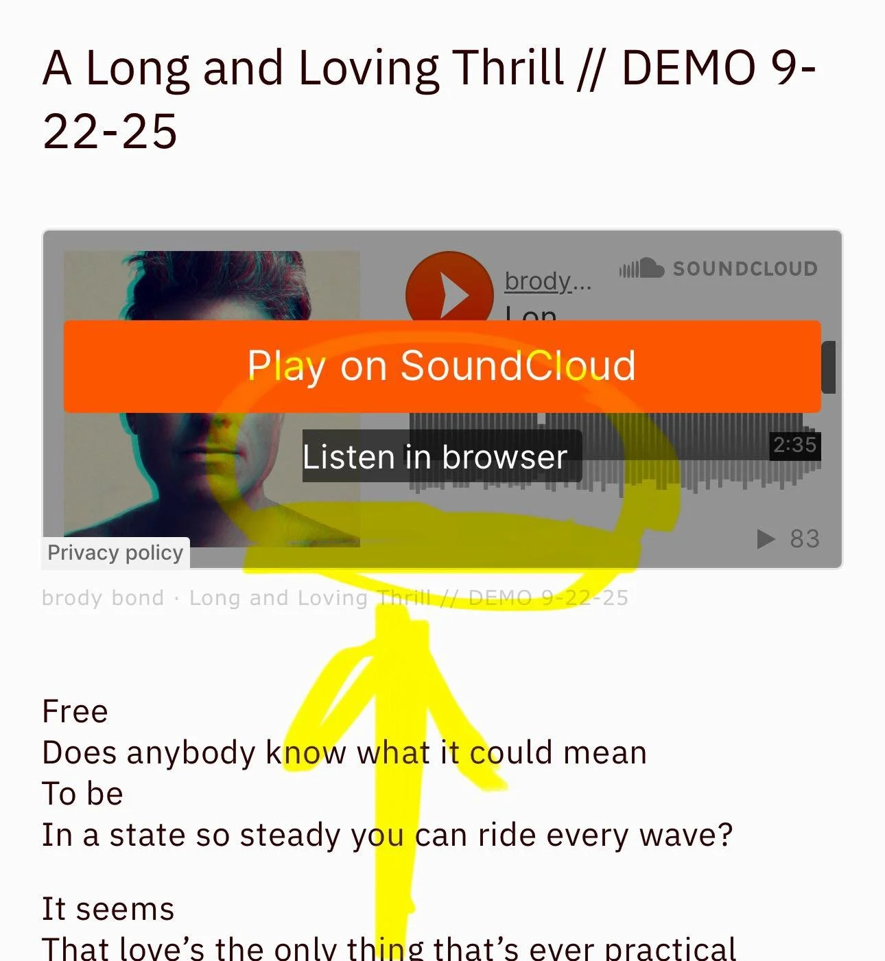 Hello everyone. One of the harder parts of writing songs is deciding what to do with them. 

&raquo; If/when/how to record them. 

&raquo; &raquo; How to share the work without becoming self-indulgent.

I gotta tell you&hellip; I love writing. You pr