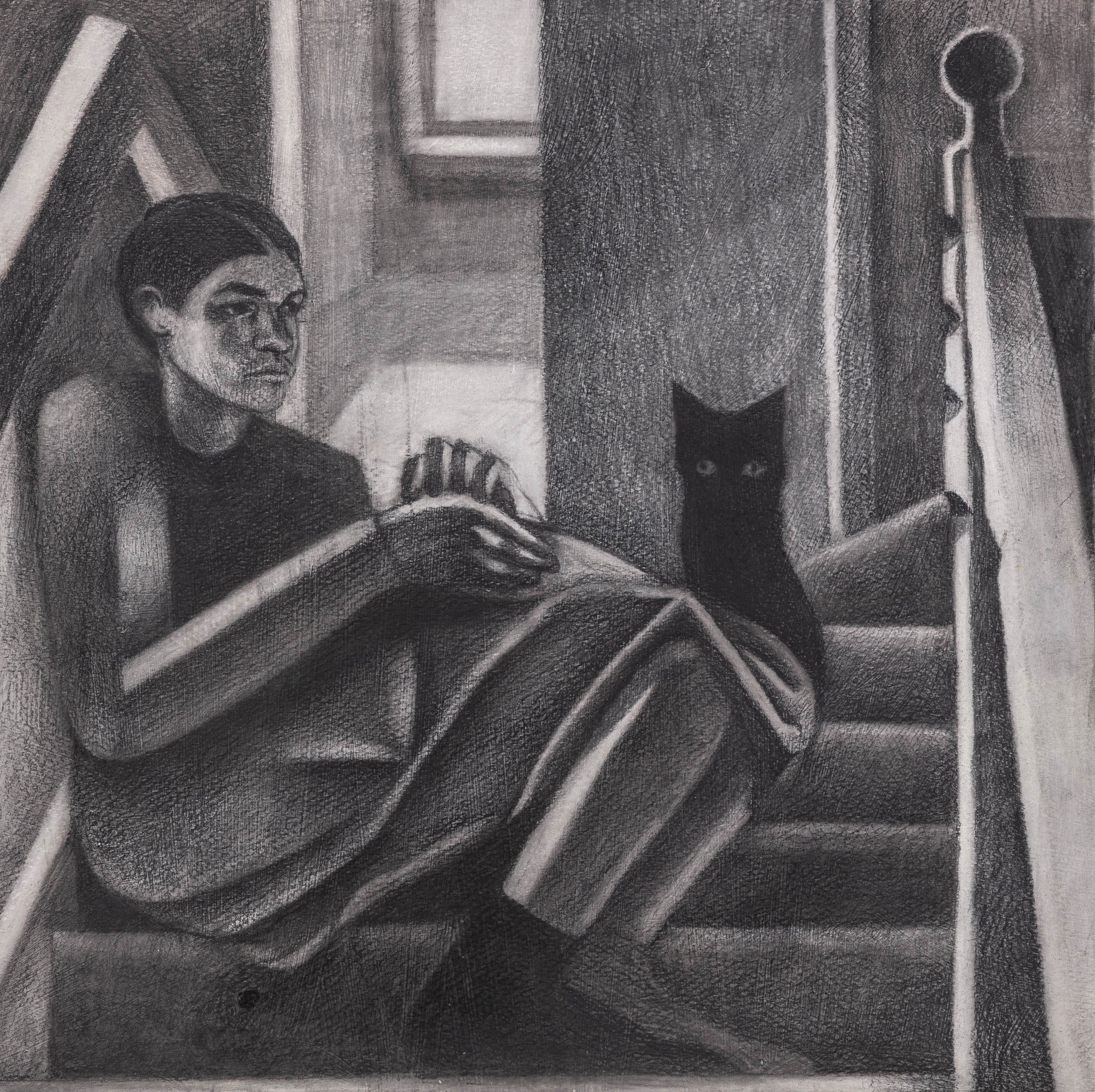 Olly Williamson: With a Cat, on the Stairs