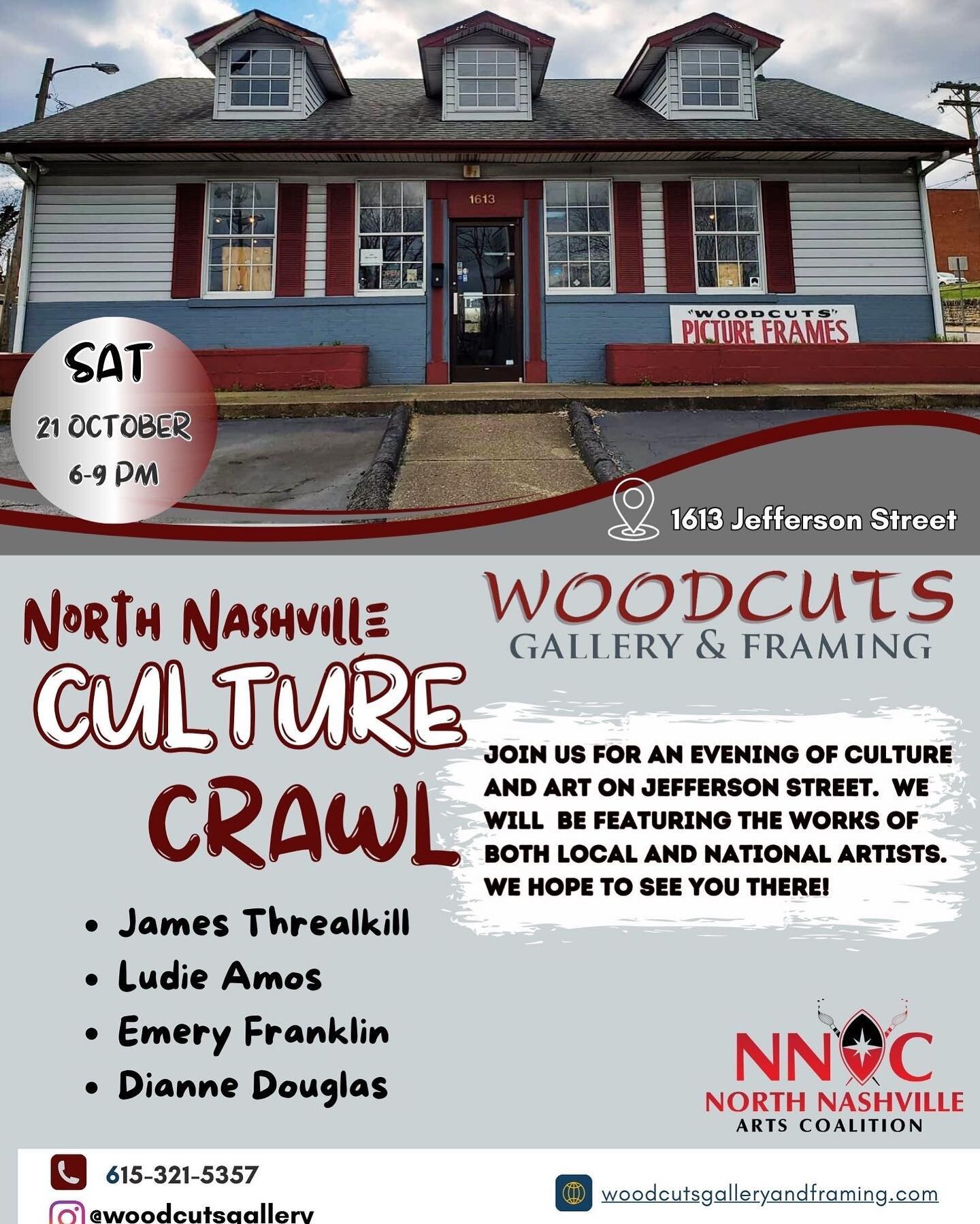 Please join us this Saturday for the North Nashville Culture Crawl! 
@jamesthrealkillart @artist_emery_franklin @diannevaldoug 
#woodcutsgallery #northnashville #culturecrawl