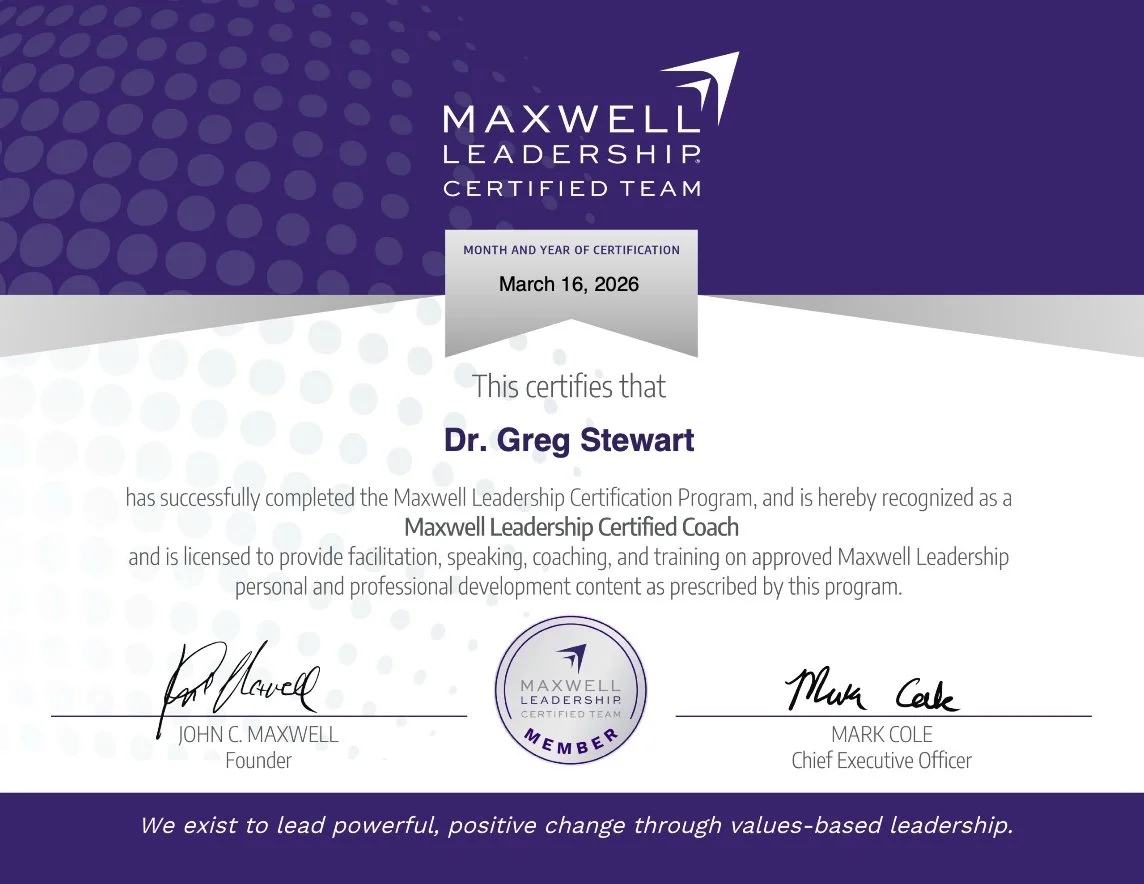 Certificate of achievement for Dr. Greg Stewart from Maxwell Leadership, certified as a Maxwell Leadership Certified Coach, dated March 16, 2026.
