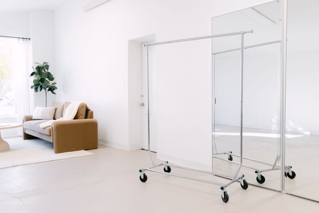 Minimalist room with a brown couch, white pillows, a plant, light-colored rug, clothing rack on wheels, and large mirror.