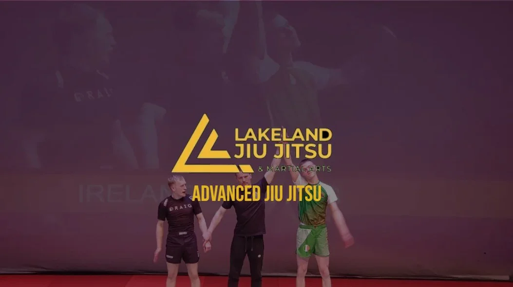 Image of three jiu jitsu practitioners standing on a mat with a dark background, featuring the logo and text for Lakeland Jiu Jitsu and Advanced Jiu Jitsu.