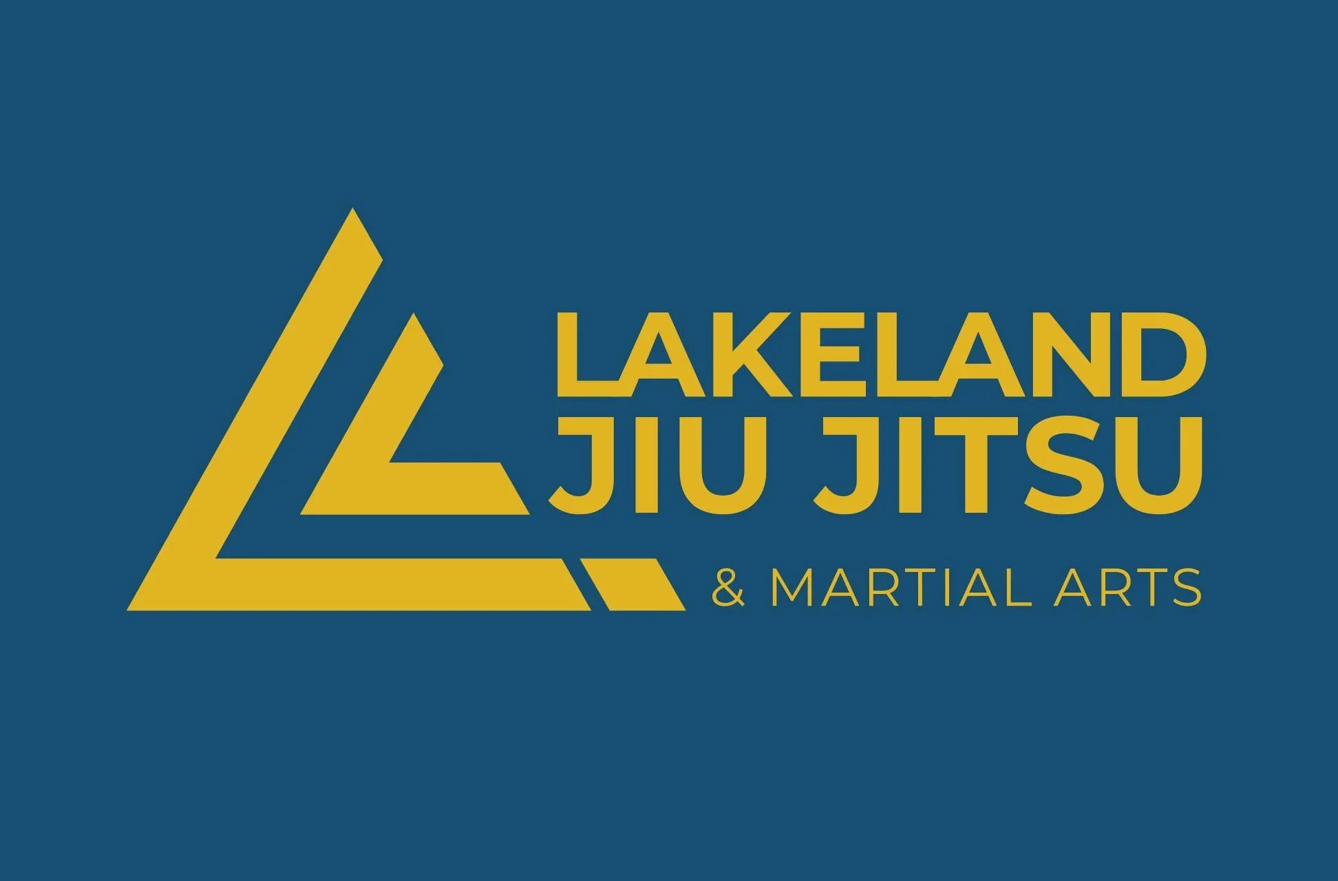 Logo for Lakeland Jiu Jitsu and Martial Arts with yellow triangular shapes and blue background.