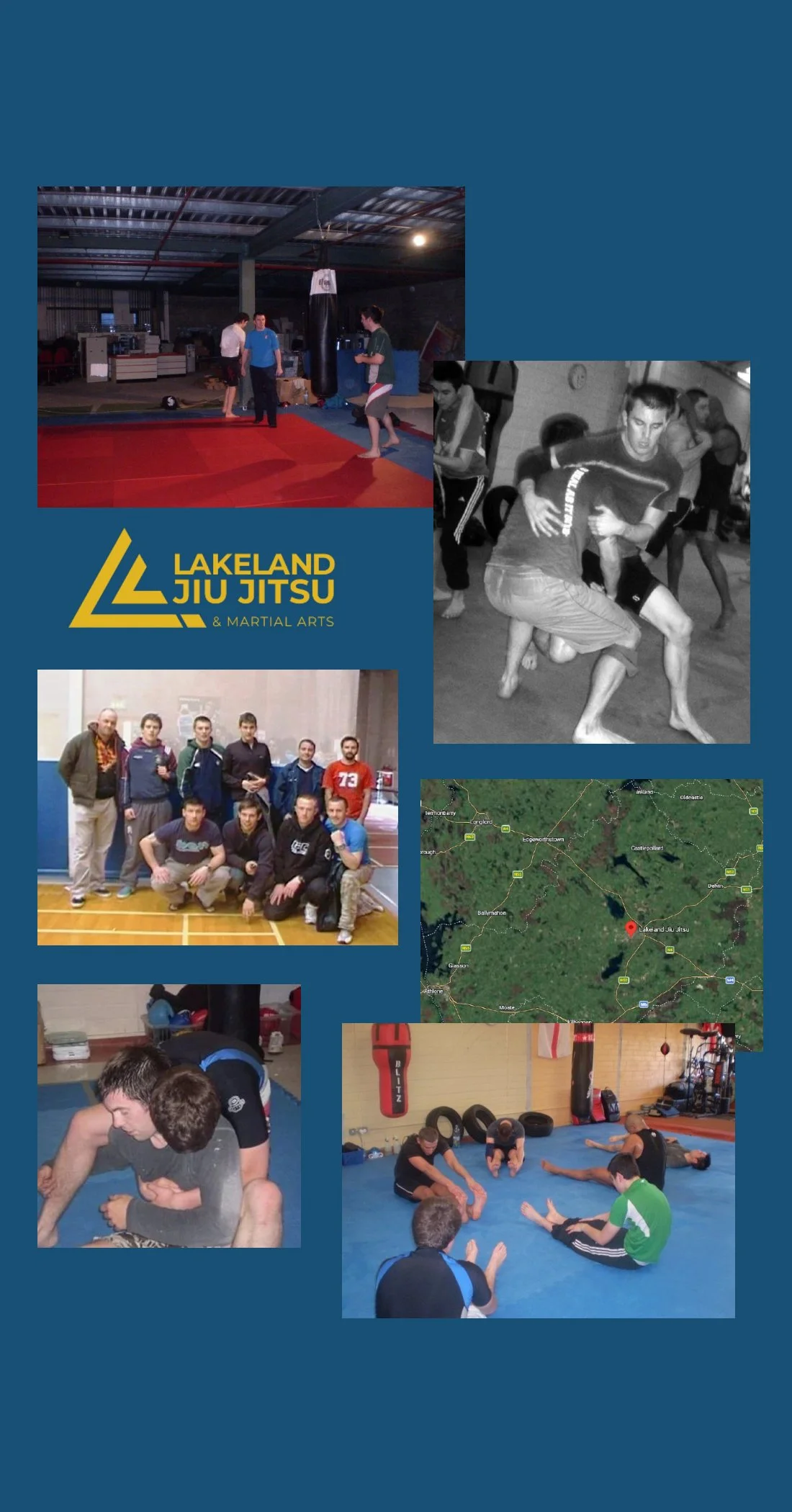 Group photo of people at a martial arts gym, with a logo for Lakeland Jiu Jitsu and Martial Arts, and images of training sessions including sparring, a fighting match, and a map showing Lakeland Jiu Jitsu location.