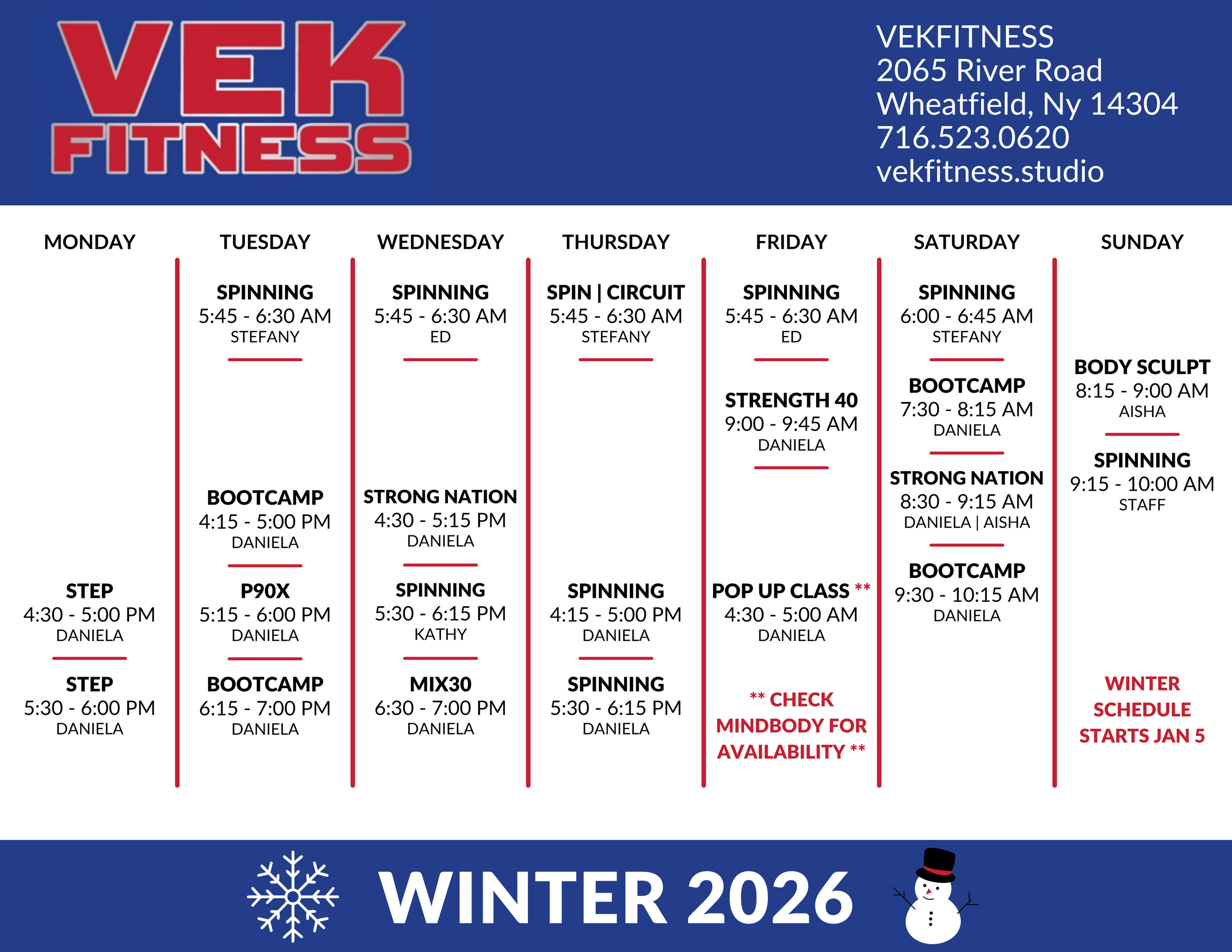 Vekfitness Schedule Winter 2026