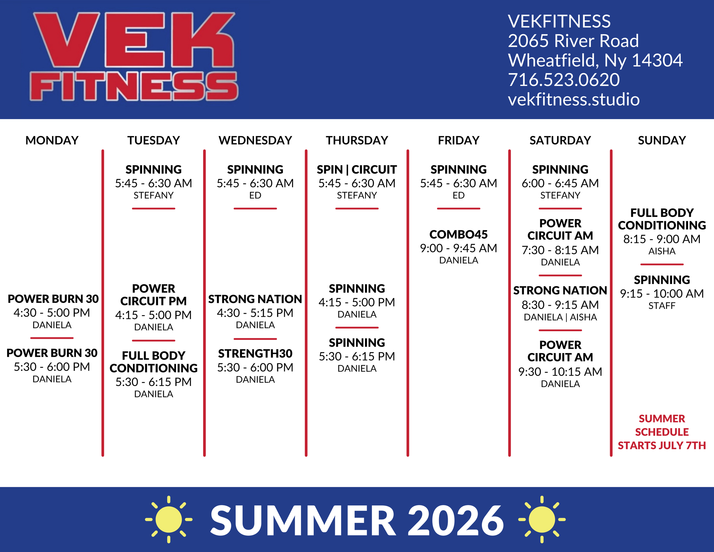 Vekfitness Summer Schedule 2026