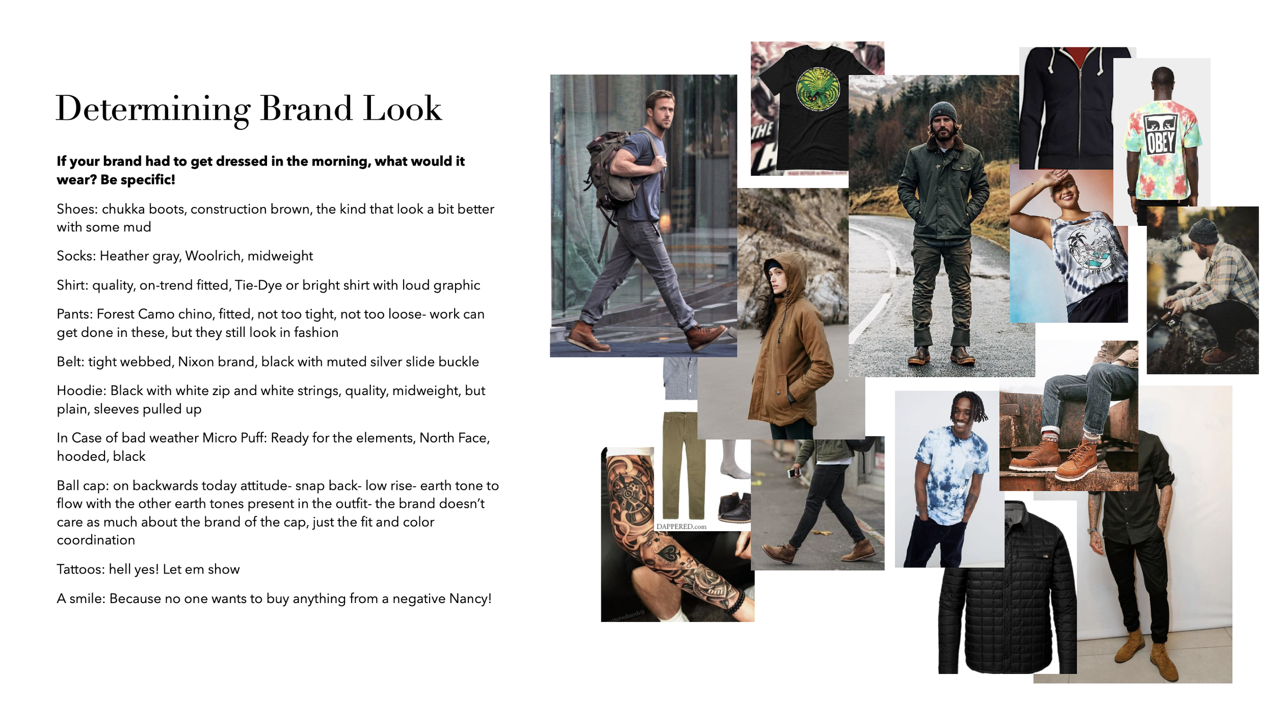 A collage of various people outdoors and indoors wearing different casual and trendy clothing, including jackets, t-shirts, pants, and accessories, along with text describing brand look guidelines.
