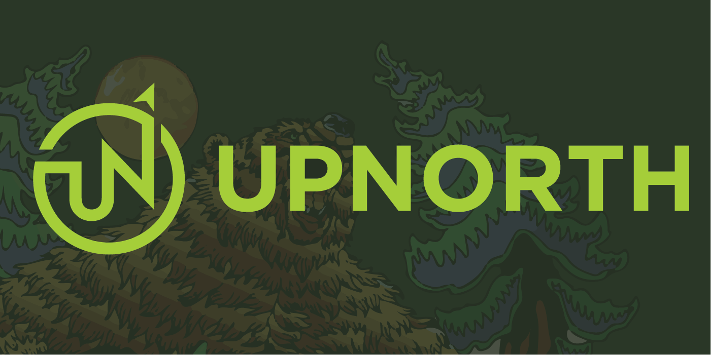 Graphic with the text 'UP NORTH' in lime green, featuring a circular arrow with an arrowhead and a bear illustration in the background, and dark stylized trees and a full moon.