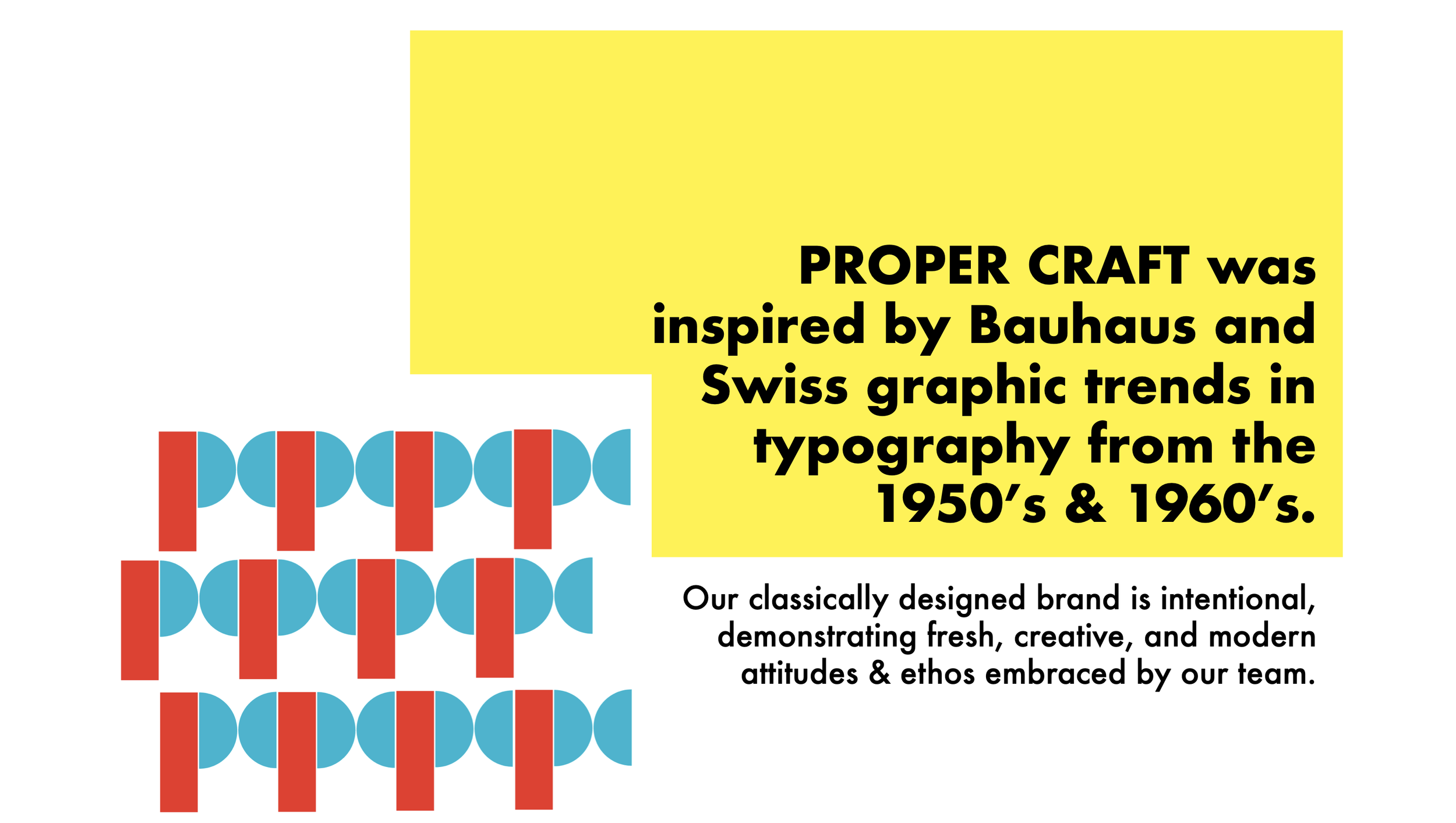 Graphic design featuring bold, colorful geometric patterns with a yellow text box containing black text about craft design inspiration from Bauhaus and Swiss graphic trends in the 1950s and 1960s. Additional white text below explains the brand's creative ethos.
