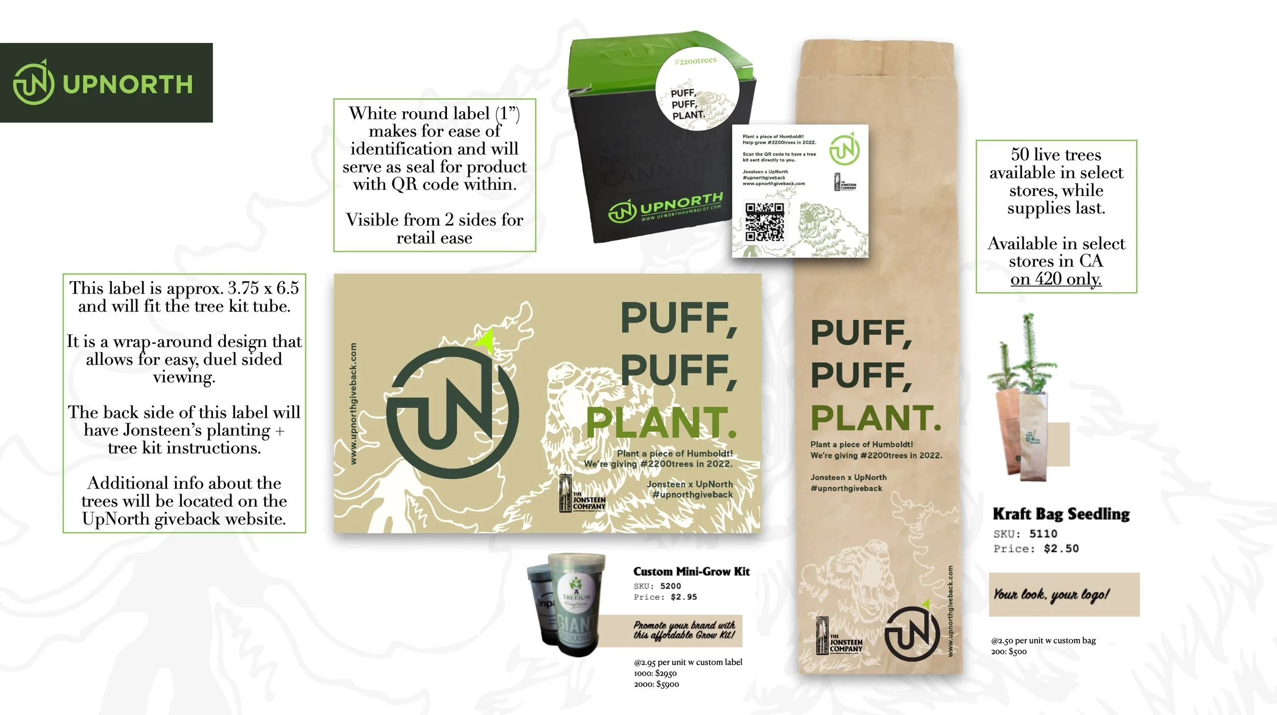 Promotional display for UpNorth's cannabis planting kits and related products, including a small black box with a QR code, a brown paper bag, a seedling in a paper pot, and informational labels with designing details and pricing.