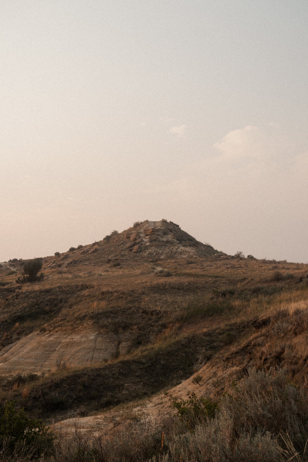 A dry, grassy hillside with a rocky hill or small mountain in the background under a clear sky.