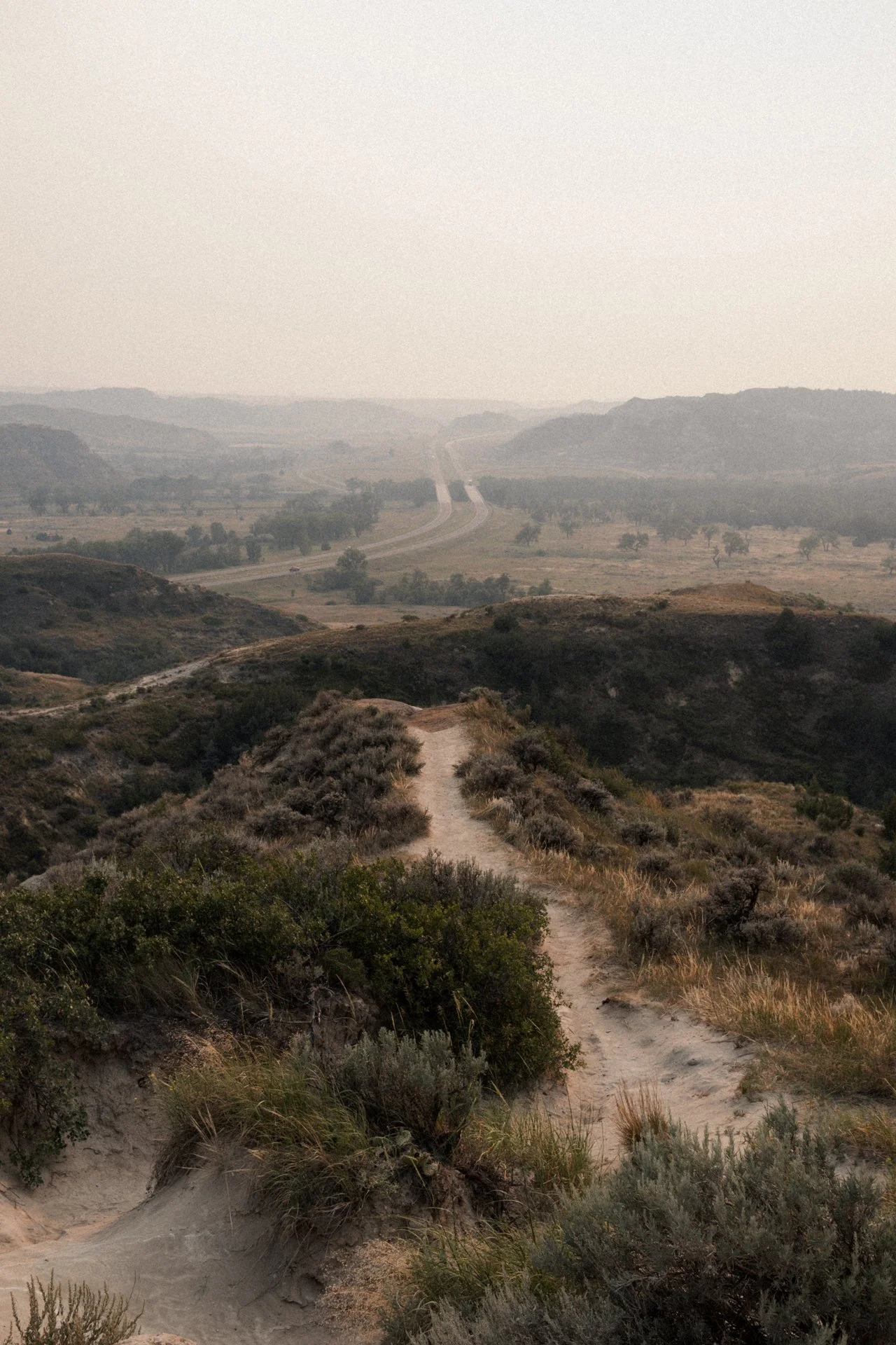 A rugged dirt trail winds through rolling hills covered with shrubbery and sparse vegetation, leading into a hazy landscape with distant hills under a pale sky.
