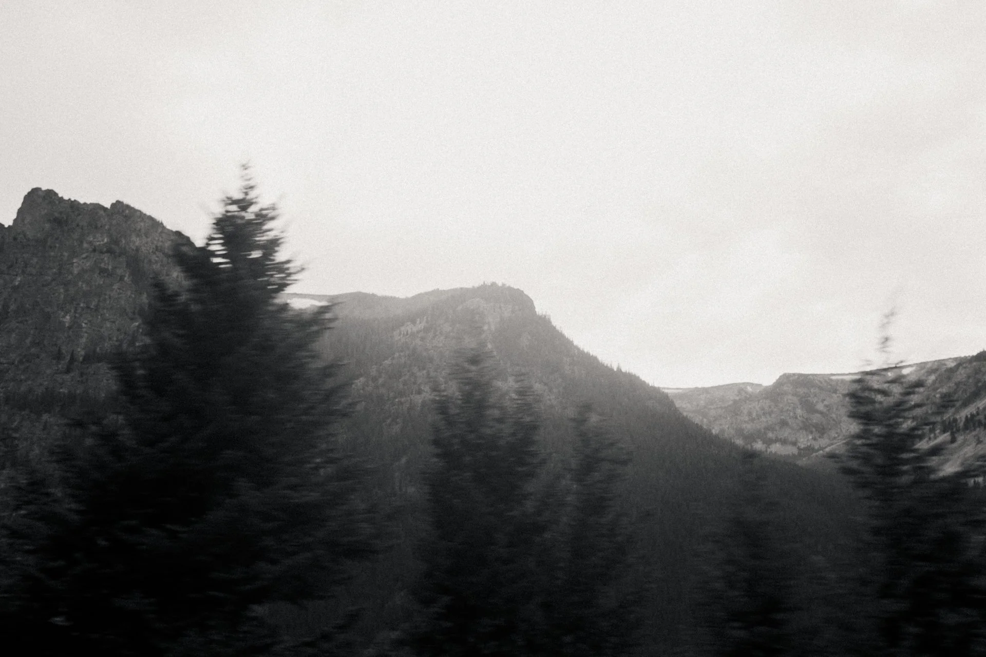 Black and white photo of mountains, trees, and a cloudy sky.