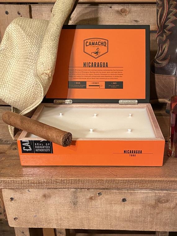 camacho-soy-wax-cigar-box-candle-burn-brothers-scorpion-cowboy-hat-dirt-boots