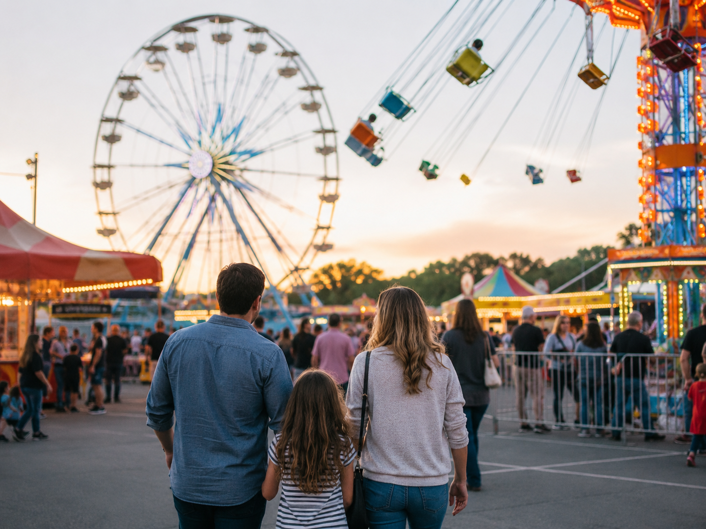 Families walking near carnival and amusement park rides