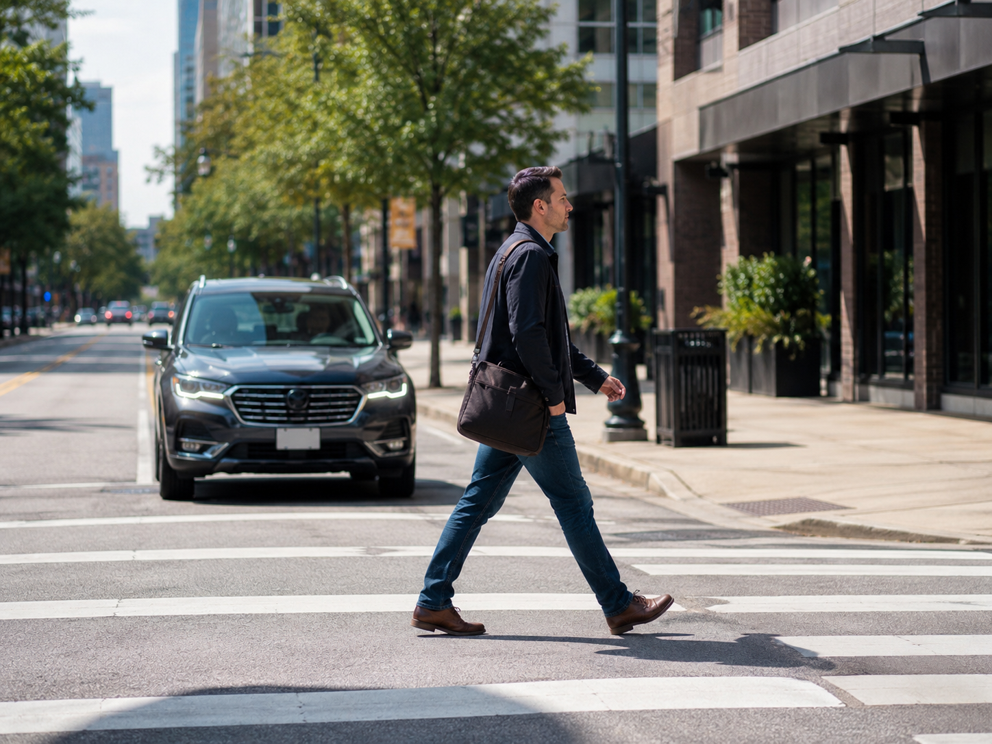 Person crossing the street in a city crosswalk