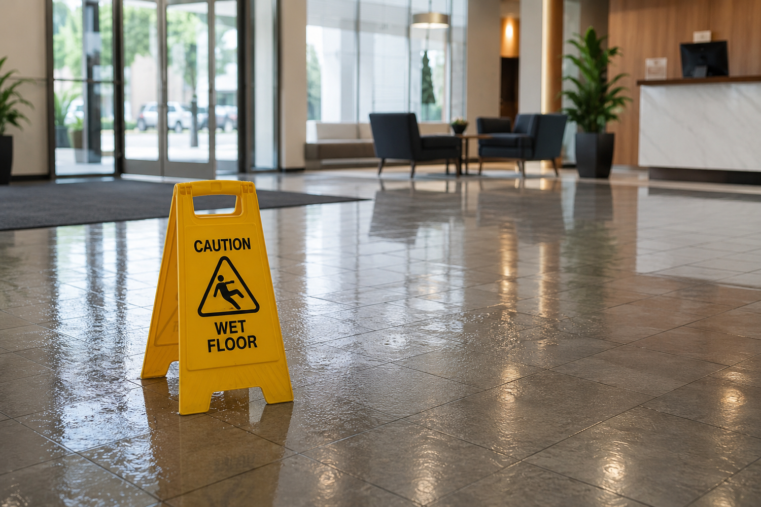 Wet floor caution sign in a building lobby