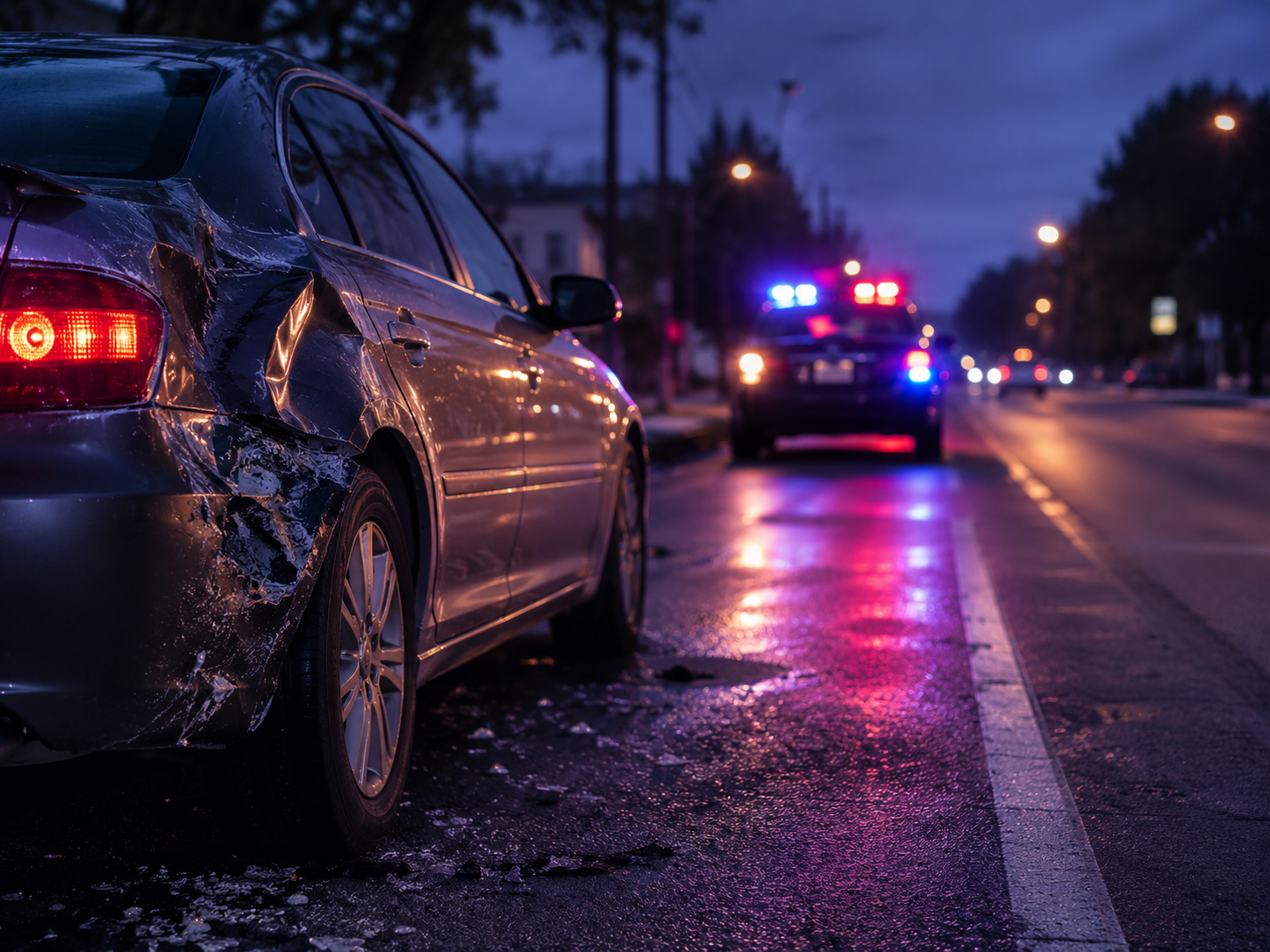 Damaged vehicle after a hit-and-run accident with police lights in the background