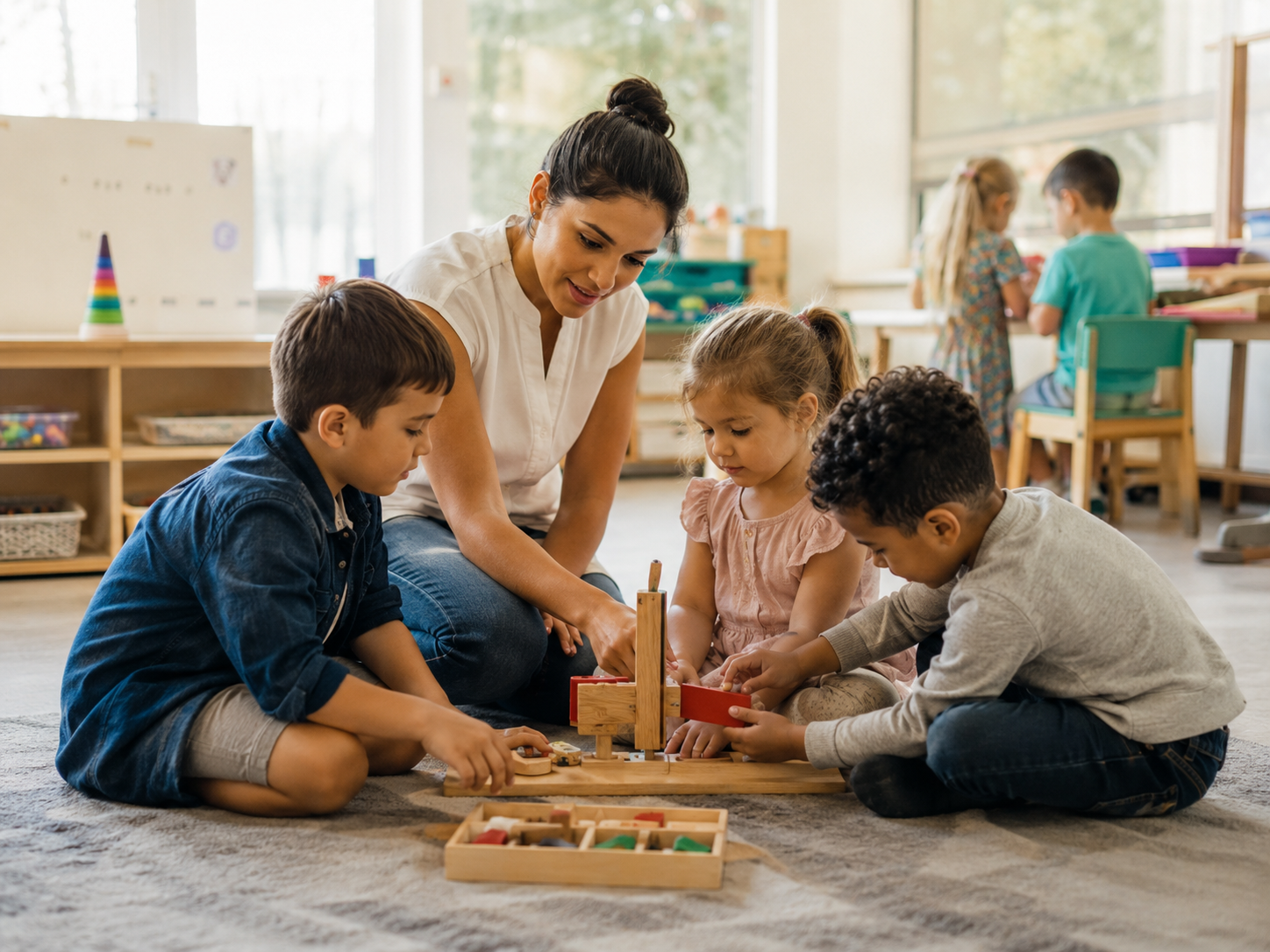 Children doing supervised activities in a daycare classroom