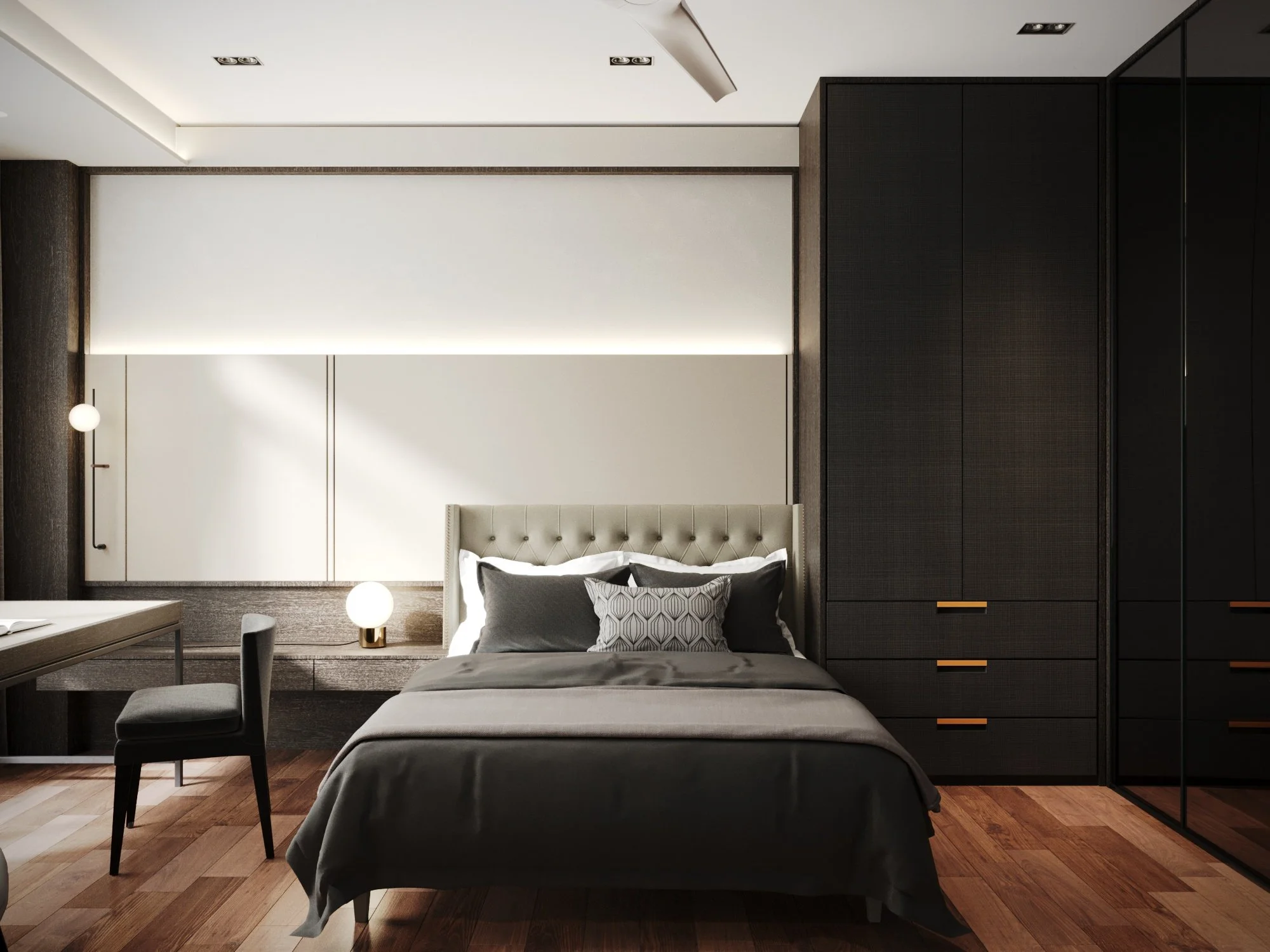 Modern bedroom with neutral tones, featuring a bed with gray bedding, black and patterned pillows, black wardrobe, wooden floor, and minimalistic lighting.