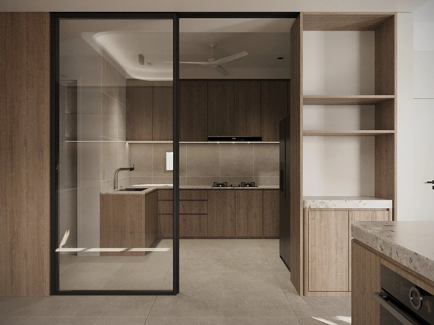 Modern kitchen with wooden cabinets, a glass sliding door, and an open shelving unit next to a marble countertop.
