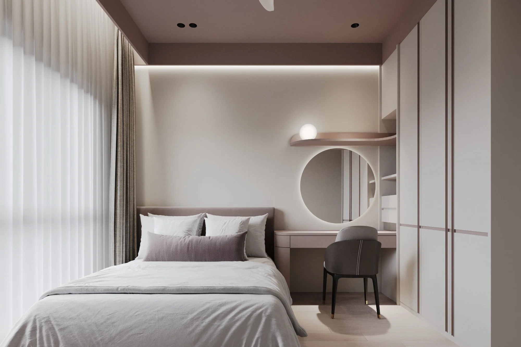 Modern bedroom with a bed, pillows, a vanity with a round mirror, a chair, a wardrobe, and minimalist decor in neutral tones.