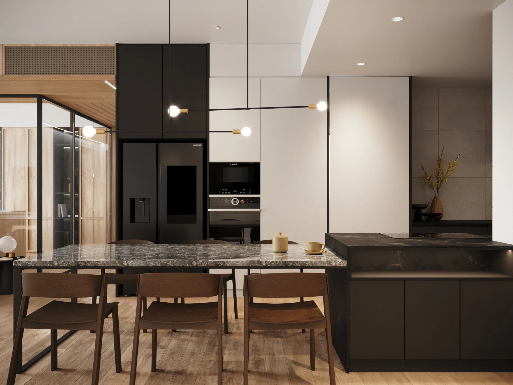 Modern kitchen with black and white cabinetry, wooden chairs around a black marble kitchen island, and black appliances, including a refrigerator and built-in oven, with minimalist lighting and decor.