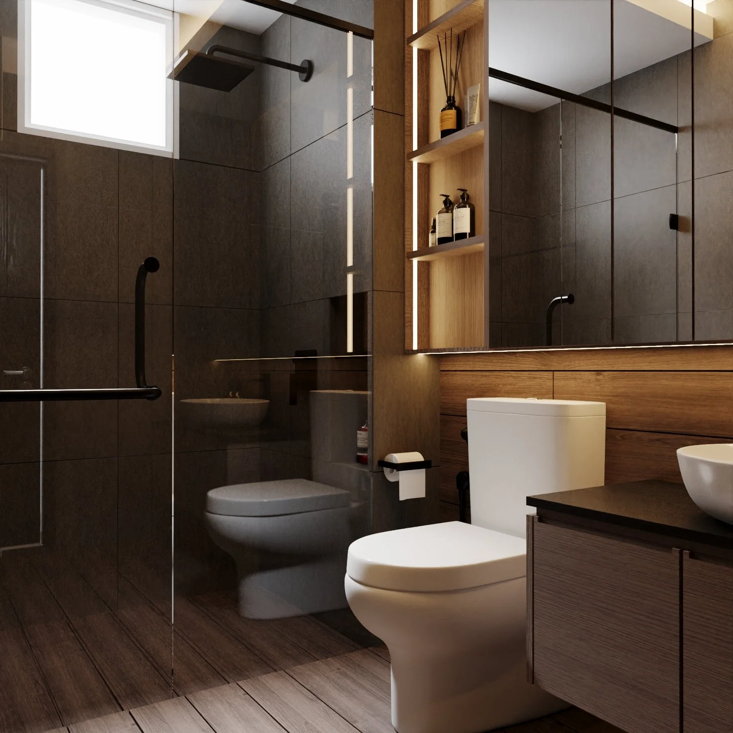Modern bathroom with wooden and dark tile accents, featuring a white toilet, a black countertop with a vessel sink, a large mirror, and wooden shelves with bottles and decorative items.
