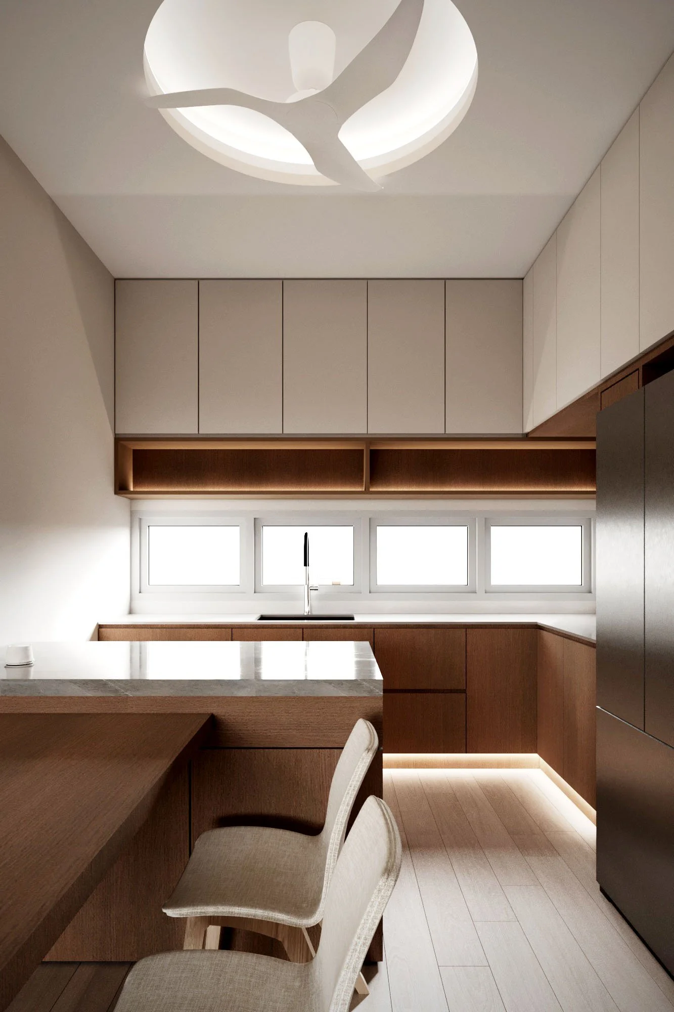Modern kitchen with wooden cabinetry, a marble-topped island, beige chairs, and a ceiling light fixture.