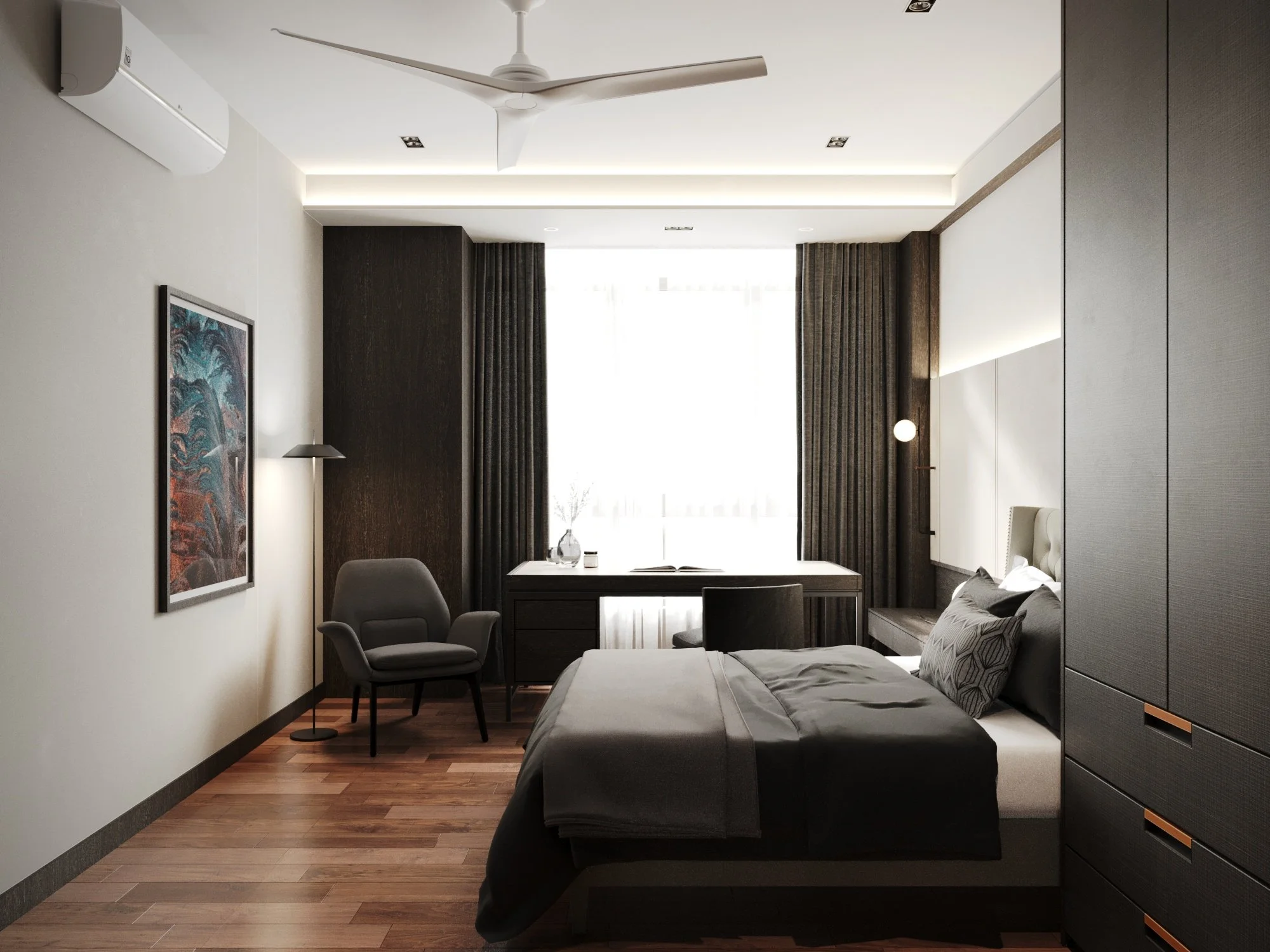 A modern hotel room with a bed, a lounge chair, a desk near the window, dark curtains, hardwood floor, wall artwork, and contemporary lighting fixtures.