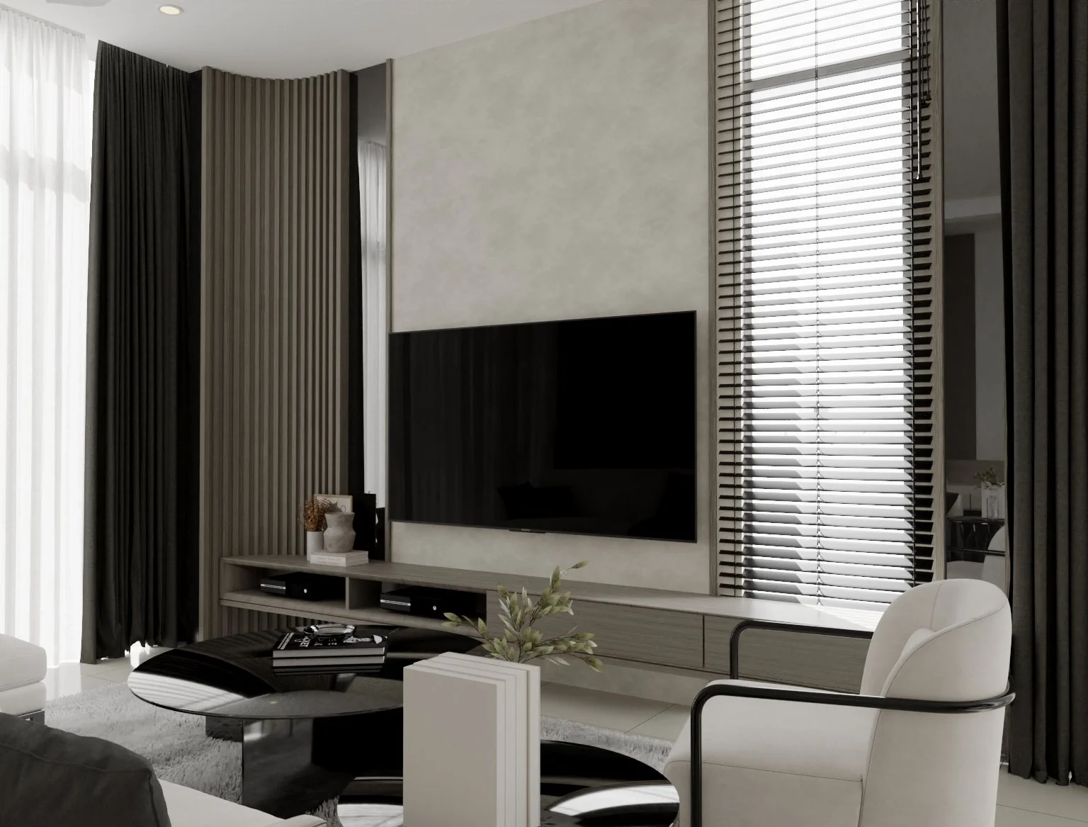 Modern living room with a large flat-screen TV mounted on a wall, surrounded by floor-to-ceiling gray curtains, a beige built-in media console, and a white armchair in the foreground.