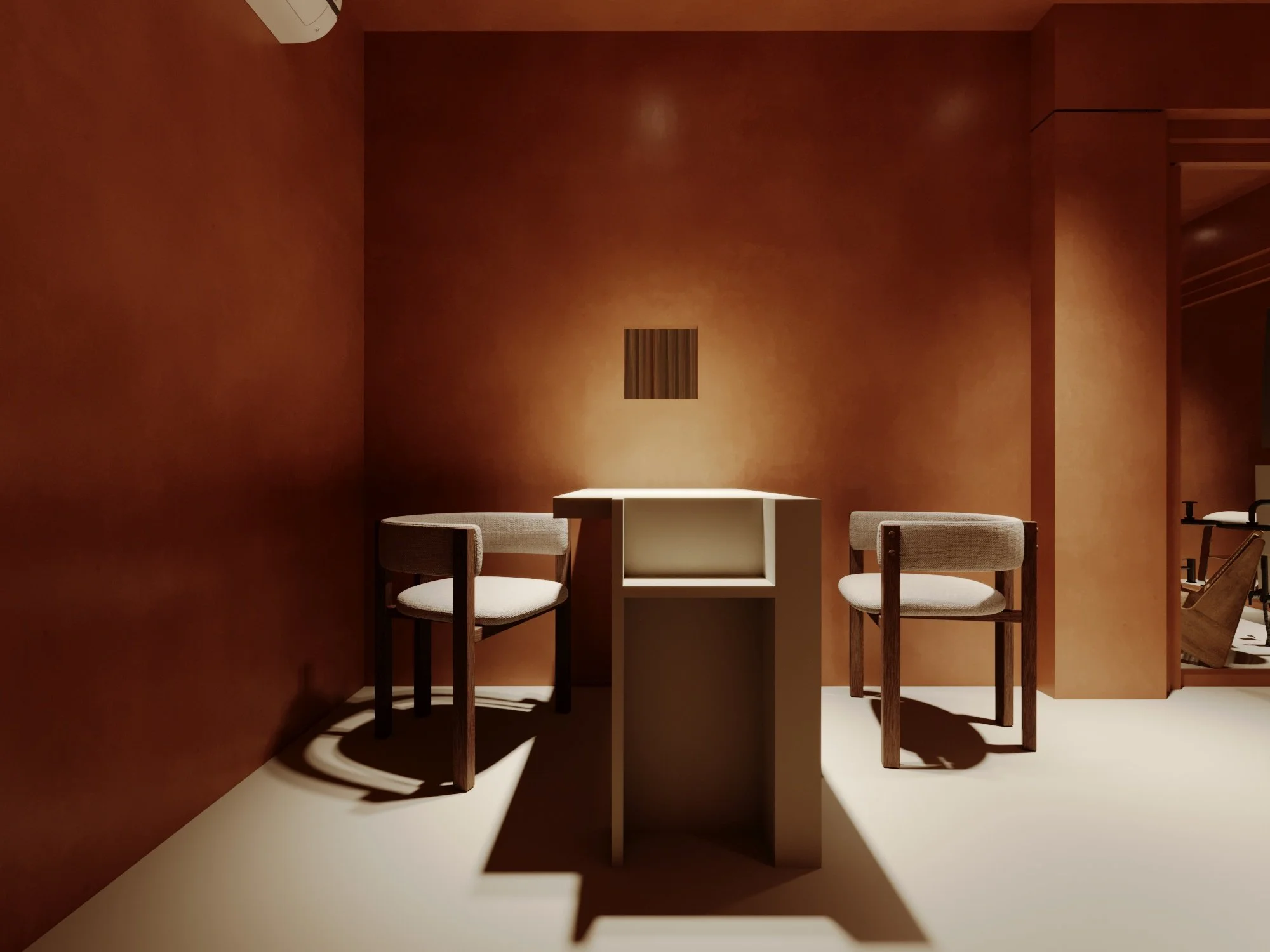 A modern interior space with two beige chairs, a white rectangular table between them, a brown textured wall, and shadowed lighting.