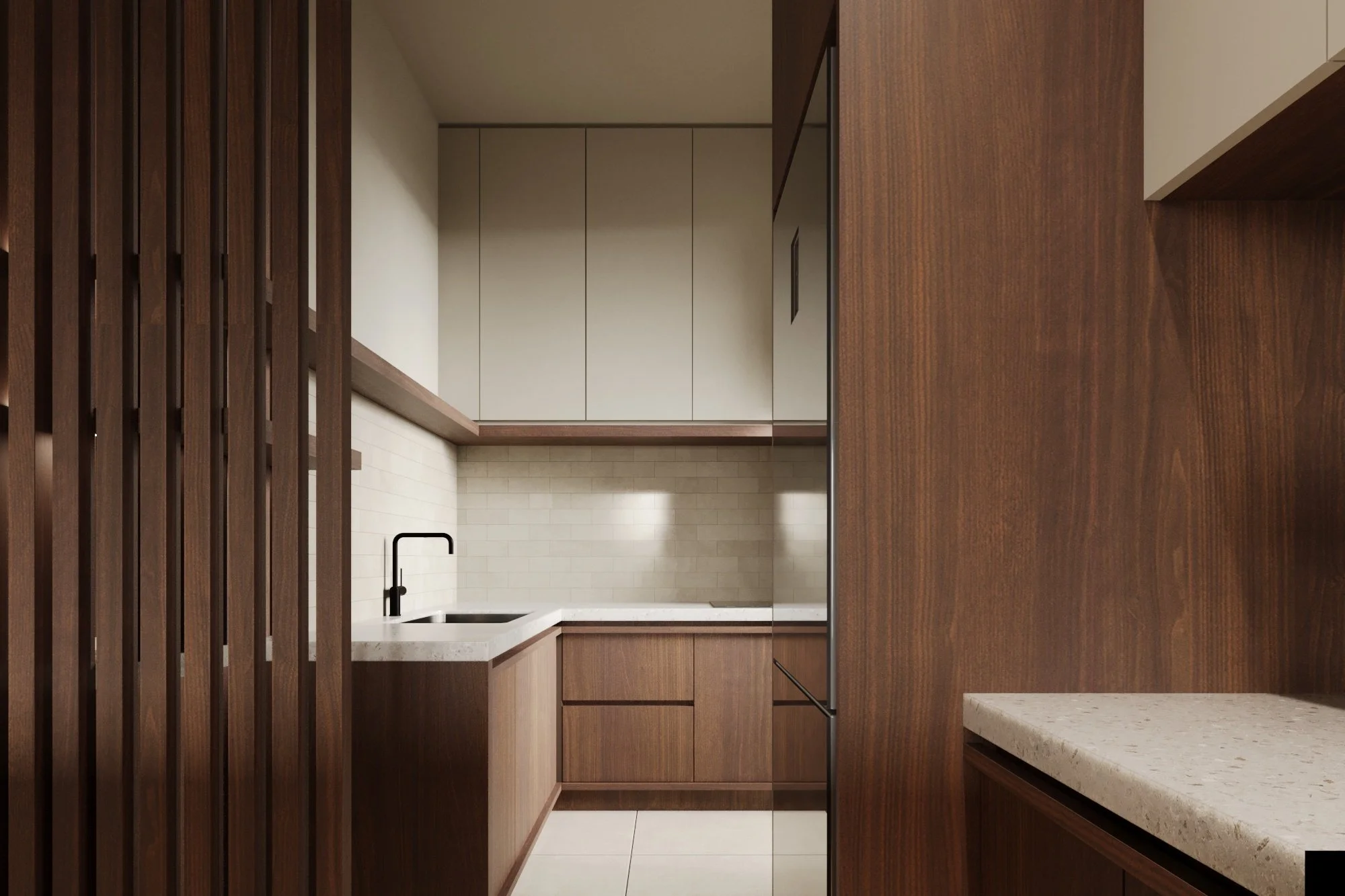 Modern kitchen with wooden cabinets, a white countertop, black faucet, and a beige tiled backsplash.