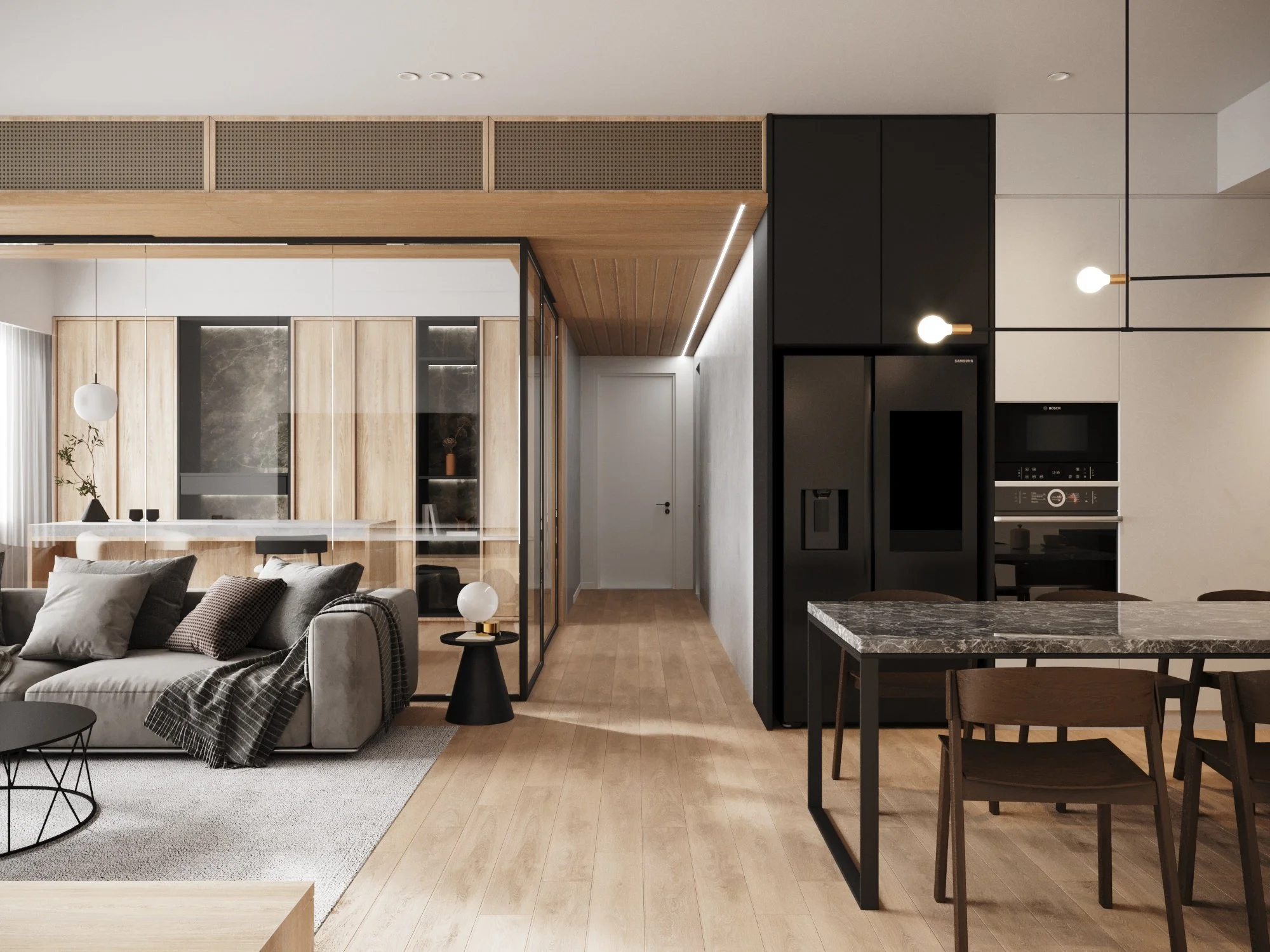 Modern open-concept living room and kitchen with light wood, black accents, and minimal decor.