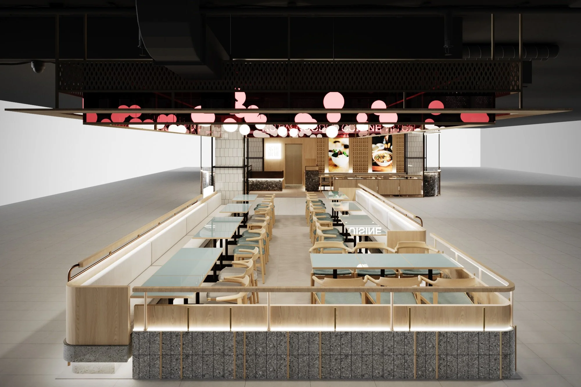Modern restaurant interior with white upholstered booth seating, glass tables, and wooden chairs, located in a spacious, minimalistic space with a black ceiling and decorative hanging pink and white spherical lights.