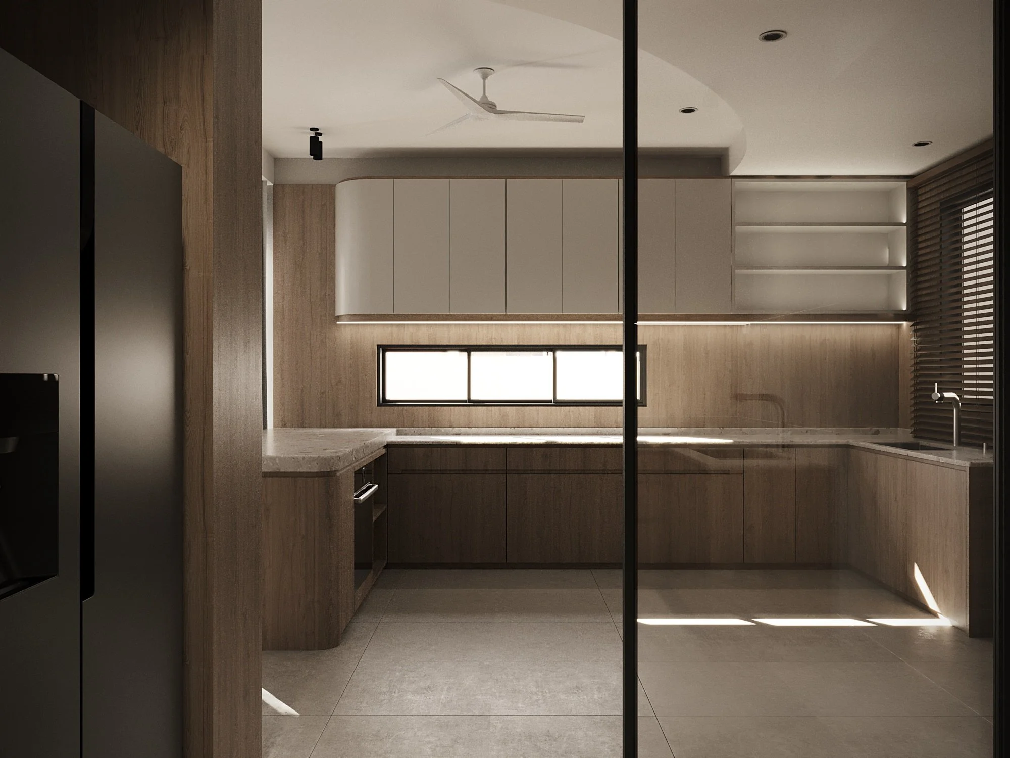 Modern kitchen with wooden cabinets, marble countertops, a large window, and built-in appliances.