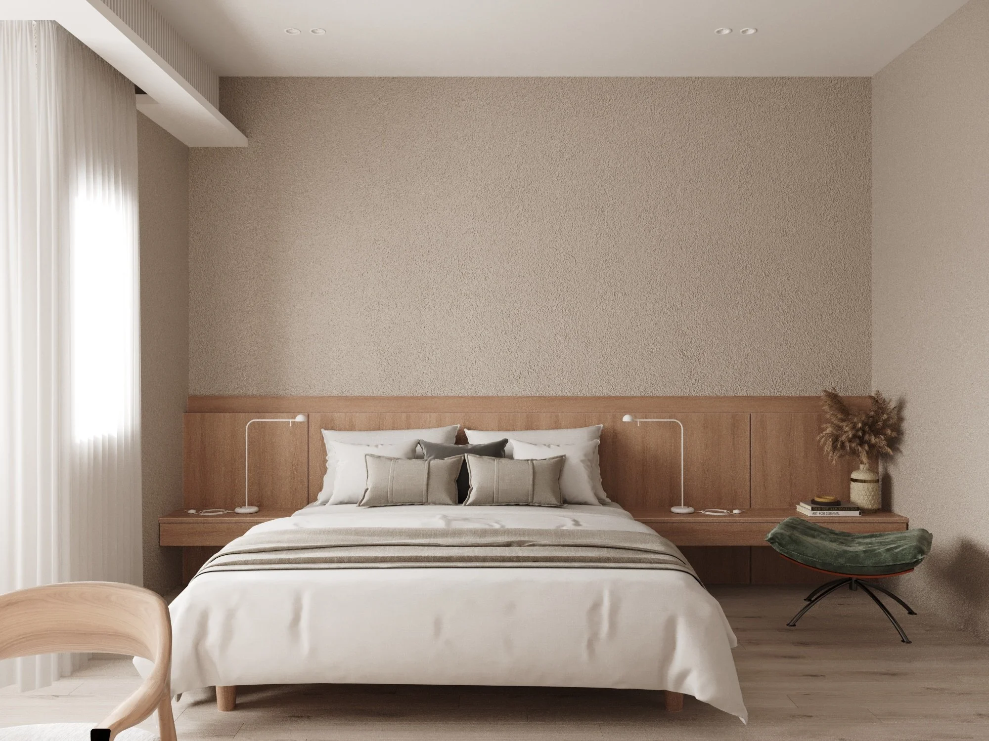 A minimalist bedroom with a bed, built-in wooden headboard and floating nightstands. The bed has white linens and beige pillows. There are two modern white reading lamps attached to the headboard. A small side table with books and a decorative vase w