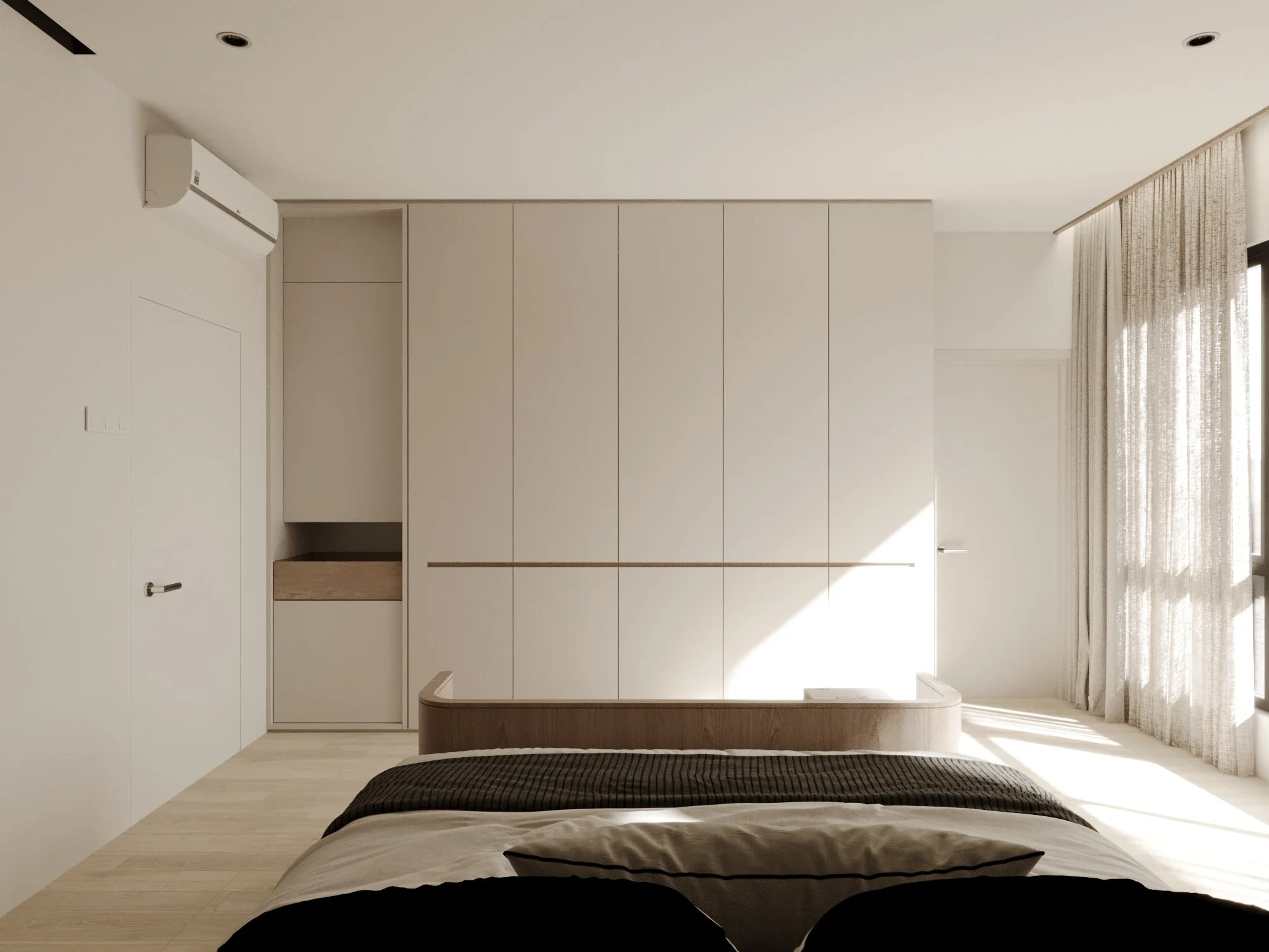 Minimalist bedroom with a bed, large white closet, window with sheer curtains, and an air conditioning unit on the wall.