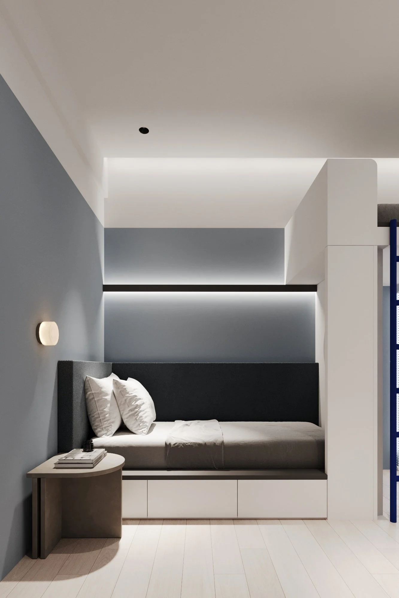 Modern bedroom with gray wall, black upholstered bed, white nightstand, white pillows, gray bedding, subtle lighting, and minimalist decor.