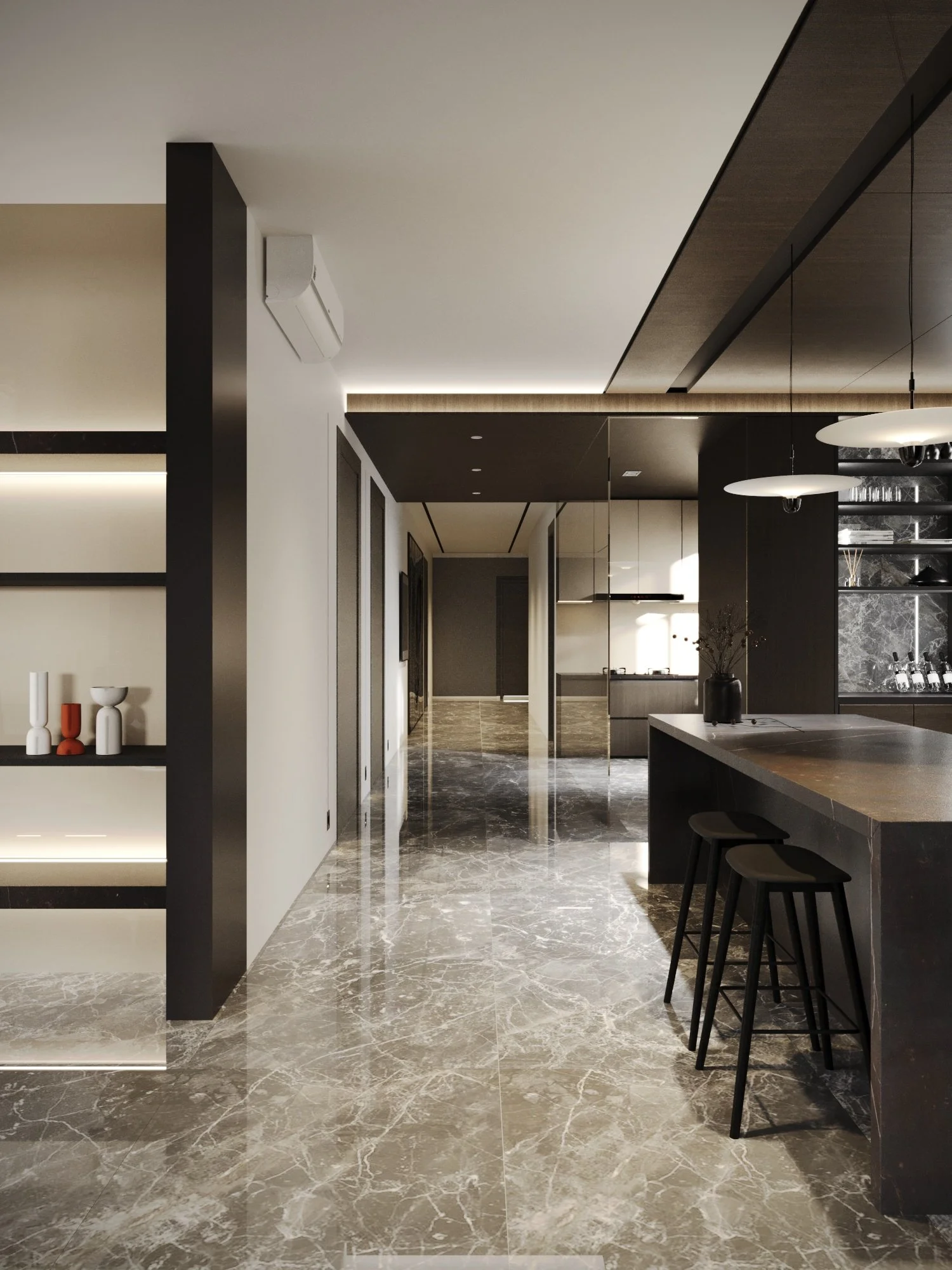 Modern kitchen with marble flooring, dark cabinetry, a large island with two black bar stools, and minimalistic decor.