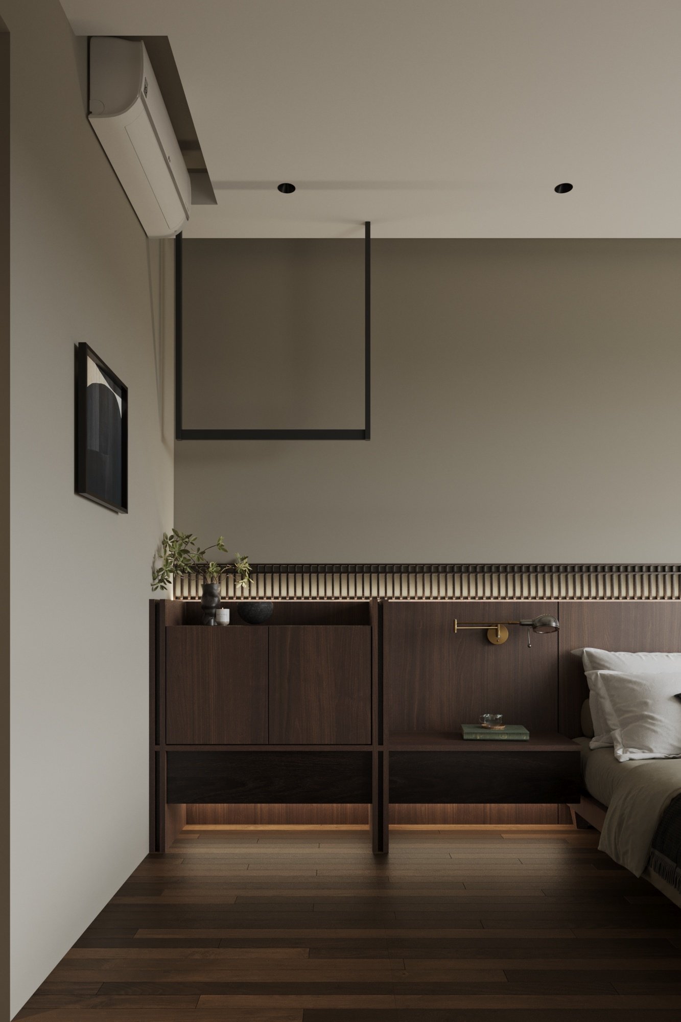 A modern bedroom featuring a wooden headboard with built-in lighting, a white pillow and bedding, a wall-mounted adjustable lamp, a small stack of books, decorative vases, and a framed picture. An air conditioning unit is mounted near the ceiling.