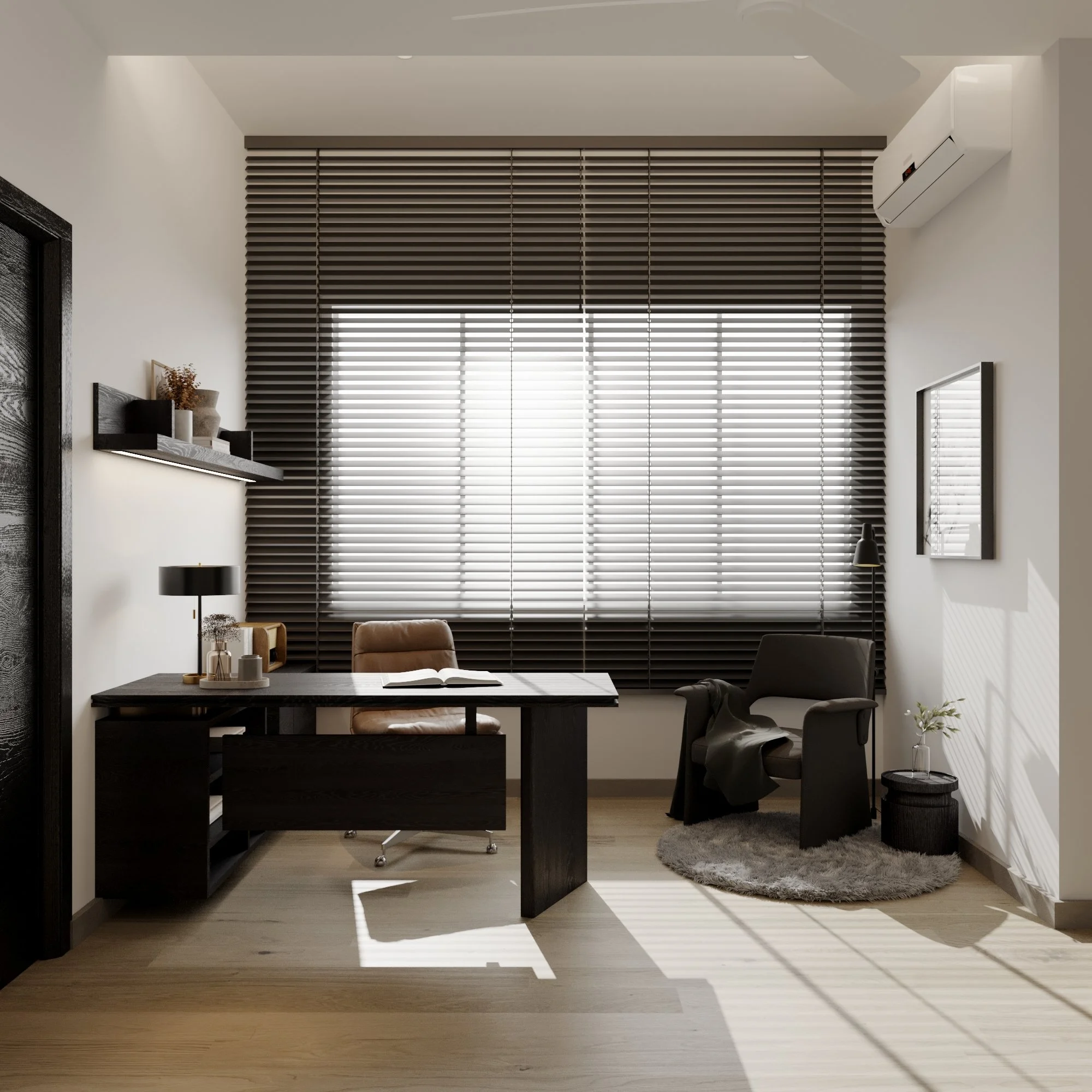 Modern office with a black desk, brown chair, black armchair with a blanket, large window with black blinds, wall-mounted shelves, a small table with a plant, and an air conditioning unit.