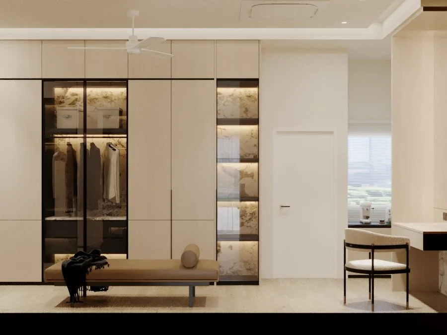 Modern interior living space with built-in wardrobe, bench, and desk area featuring a window with a scenic view.