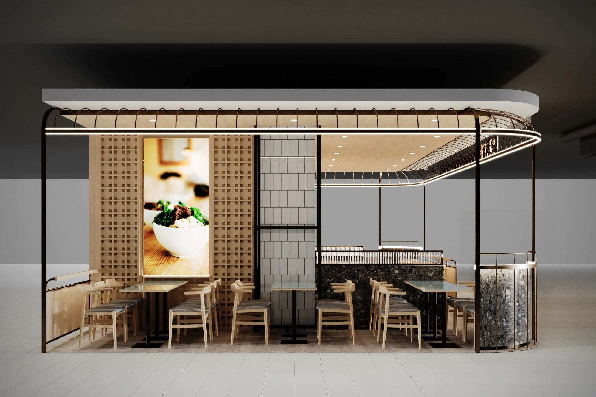 A modern restaurant interior with wooden tables, chairs, black marble accents, and decorative lighting, viewed from the front.