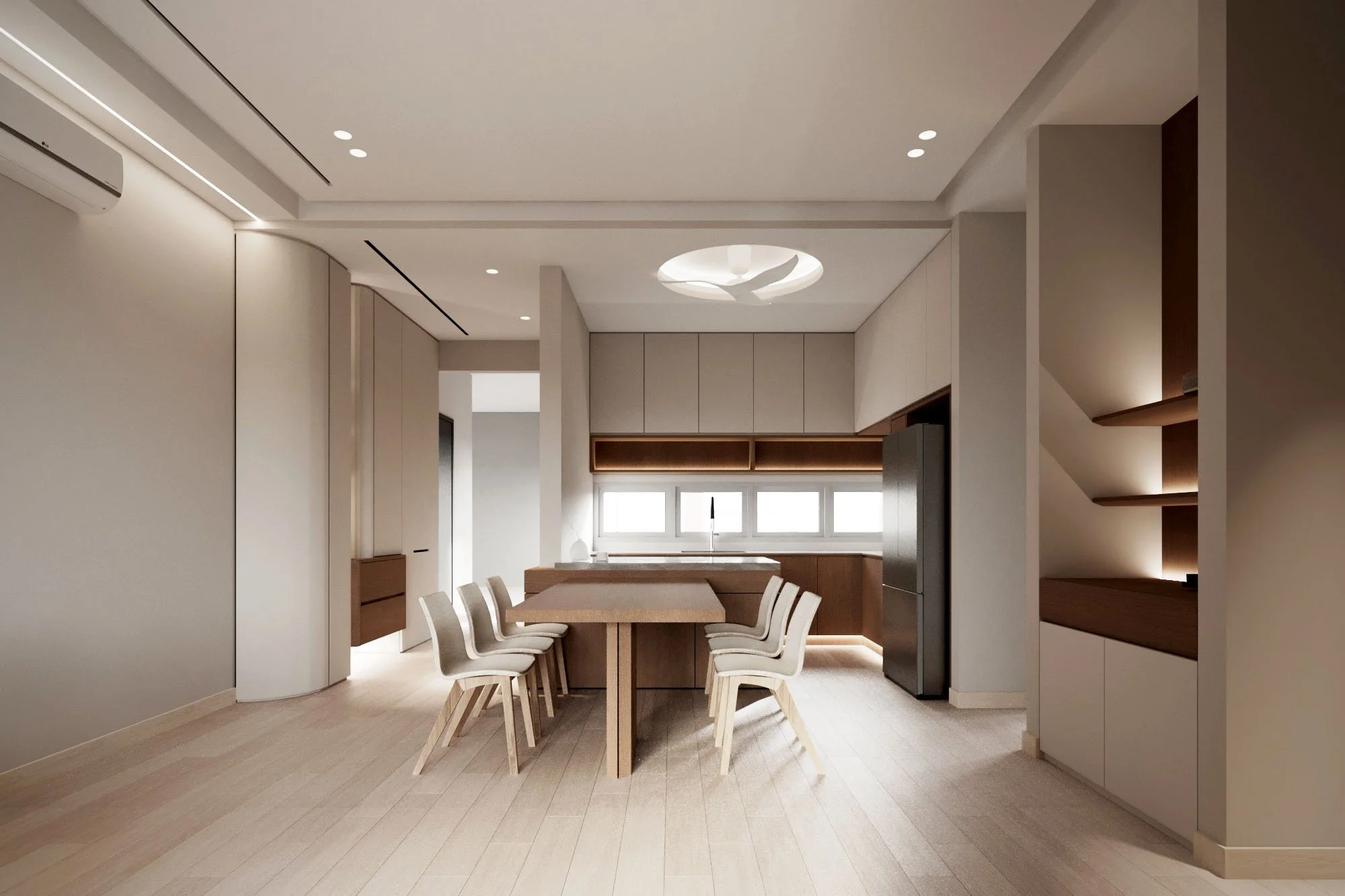 Modern kitchen with beige walls, wooden accents, a dining table with six chairs, a refrigerator, and large windows with blinds.