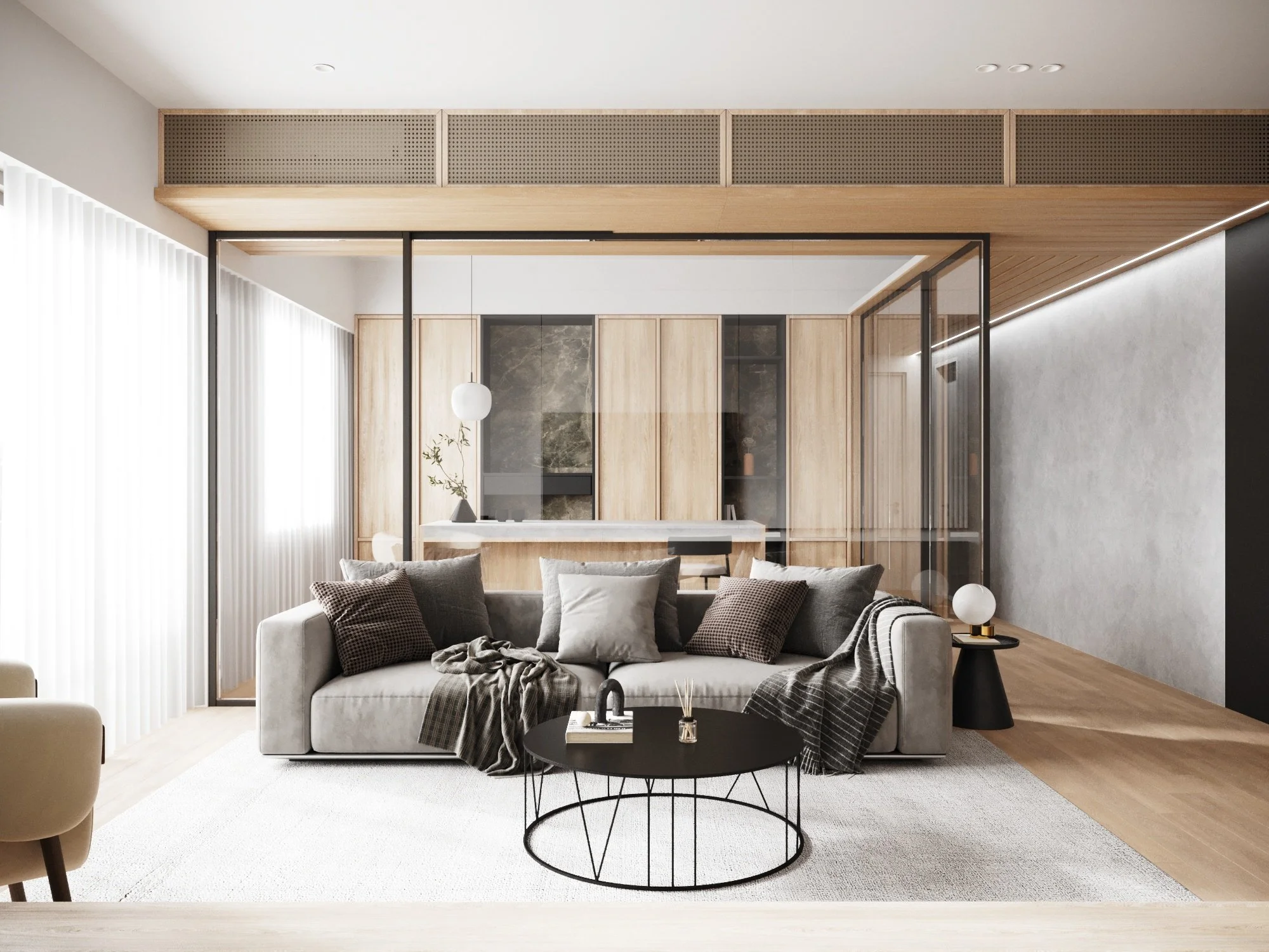 Modern living room with a gray sofa, black coffee table, and side table with globe lamp, featuring wooden and glass accents and sheer white curtains.