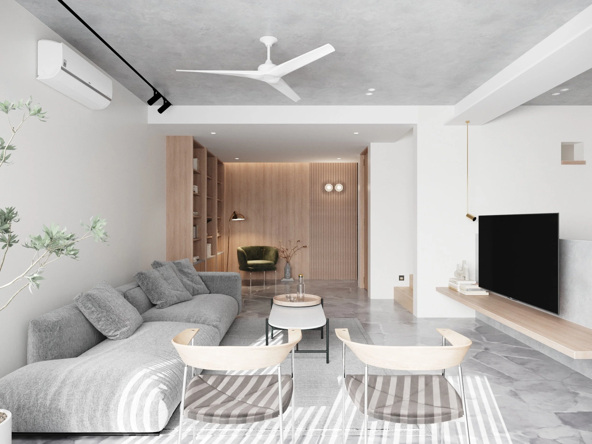 Modern living room with a gray sofa, two white chairs with striped cushions, a round coffee table, a bookshelf, a green armchair with a floor lamp, and a wall-mounted television in a minimalist, neutral color scheme.