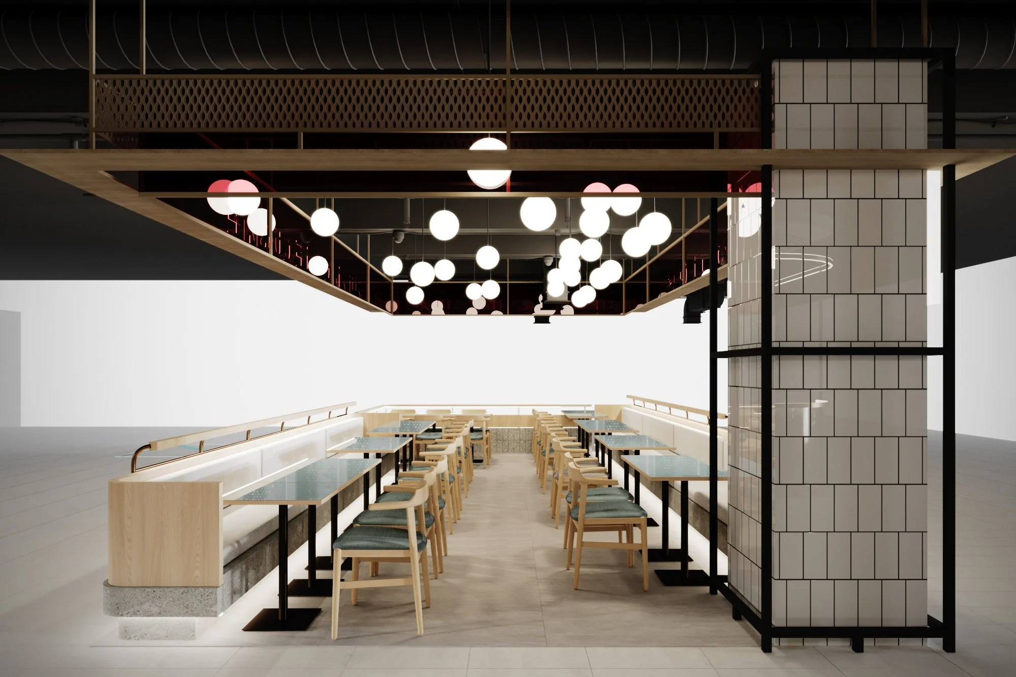 Modern restaurant interior with a row of tables and chairs, a decorative ceiling with hanging spherical lights, and a tall tiled partition.