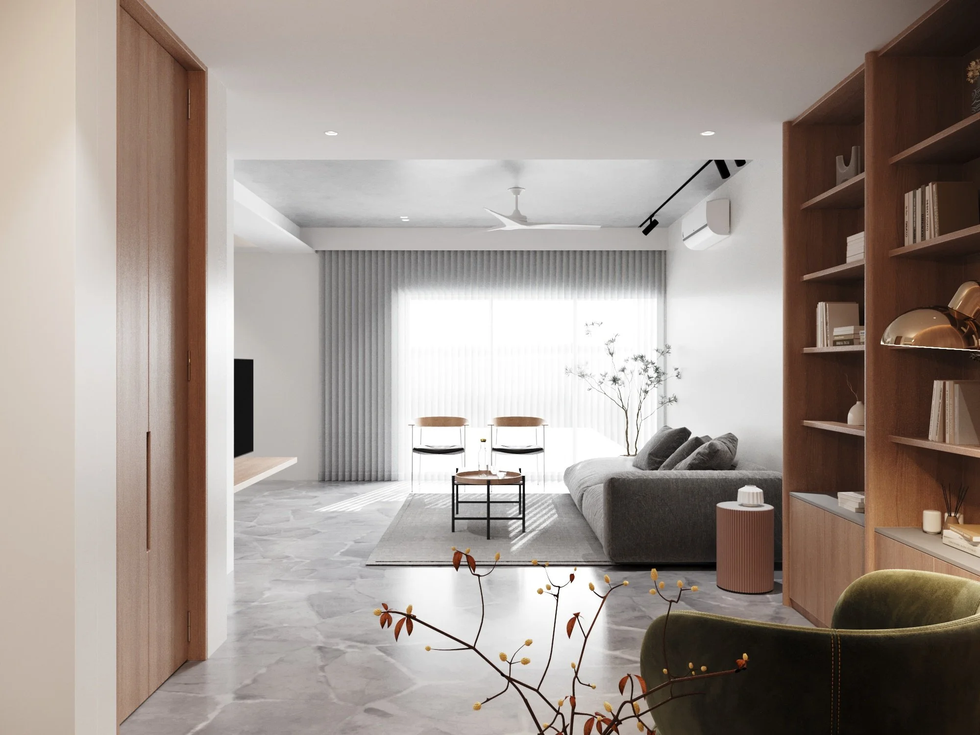 Modern living room with gray sofa, wooden bookshelf, marble flooring, and large window with curtains.